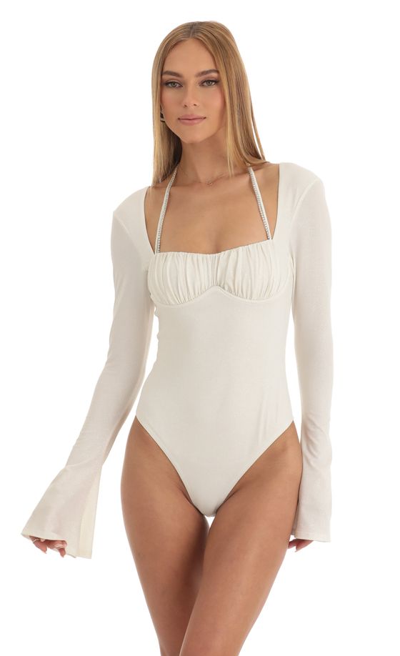 Glitter Flare Long Sleeve Bodysuit in White