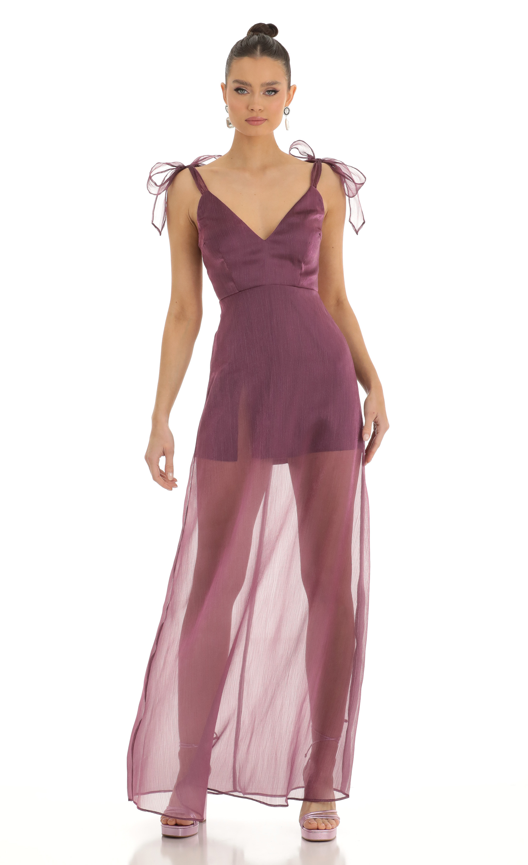 Shoulder Bow A-Line Illusion Maxi Dress in Purple