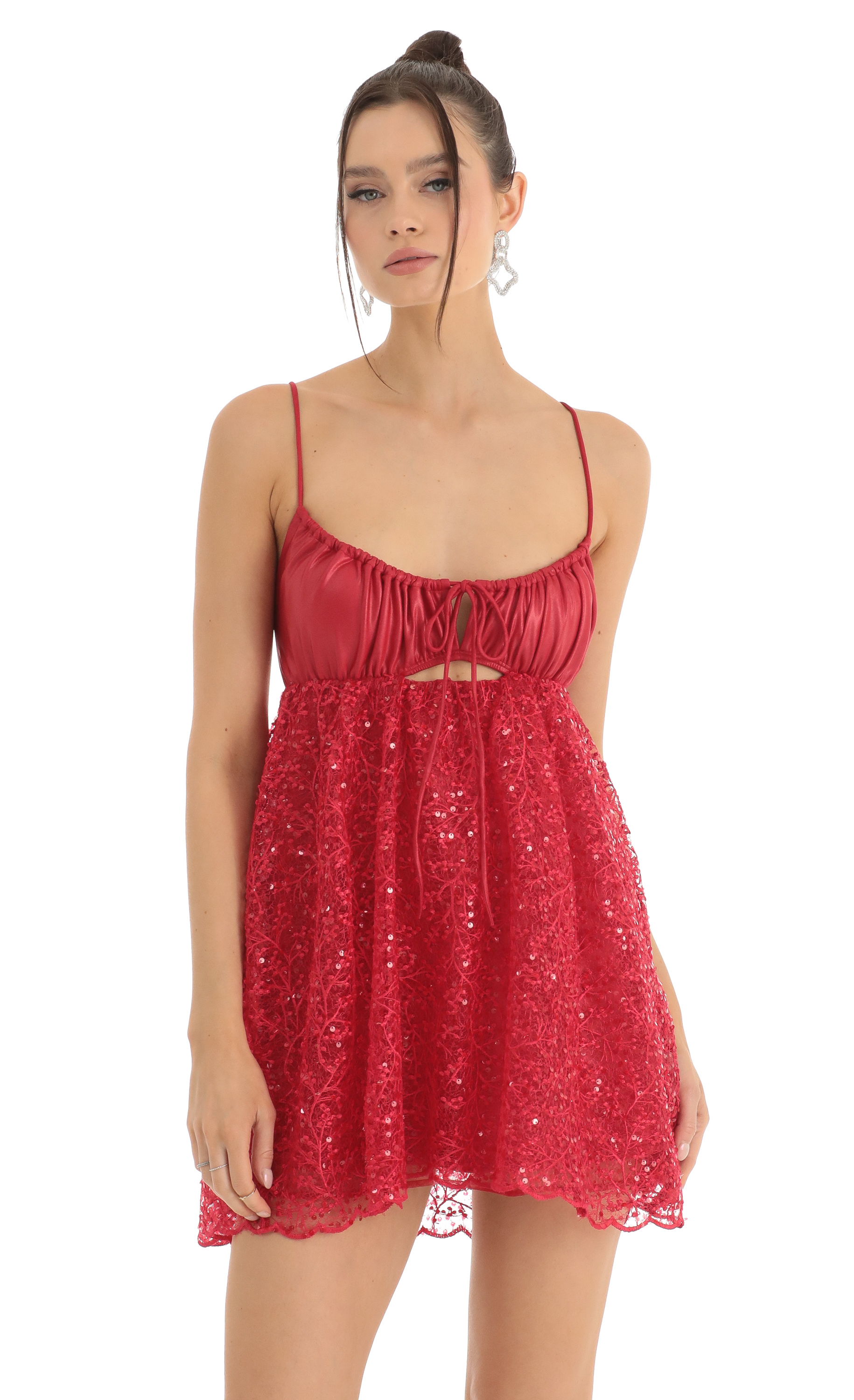 Sequin Embroidered Baby Doll Dress in Red