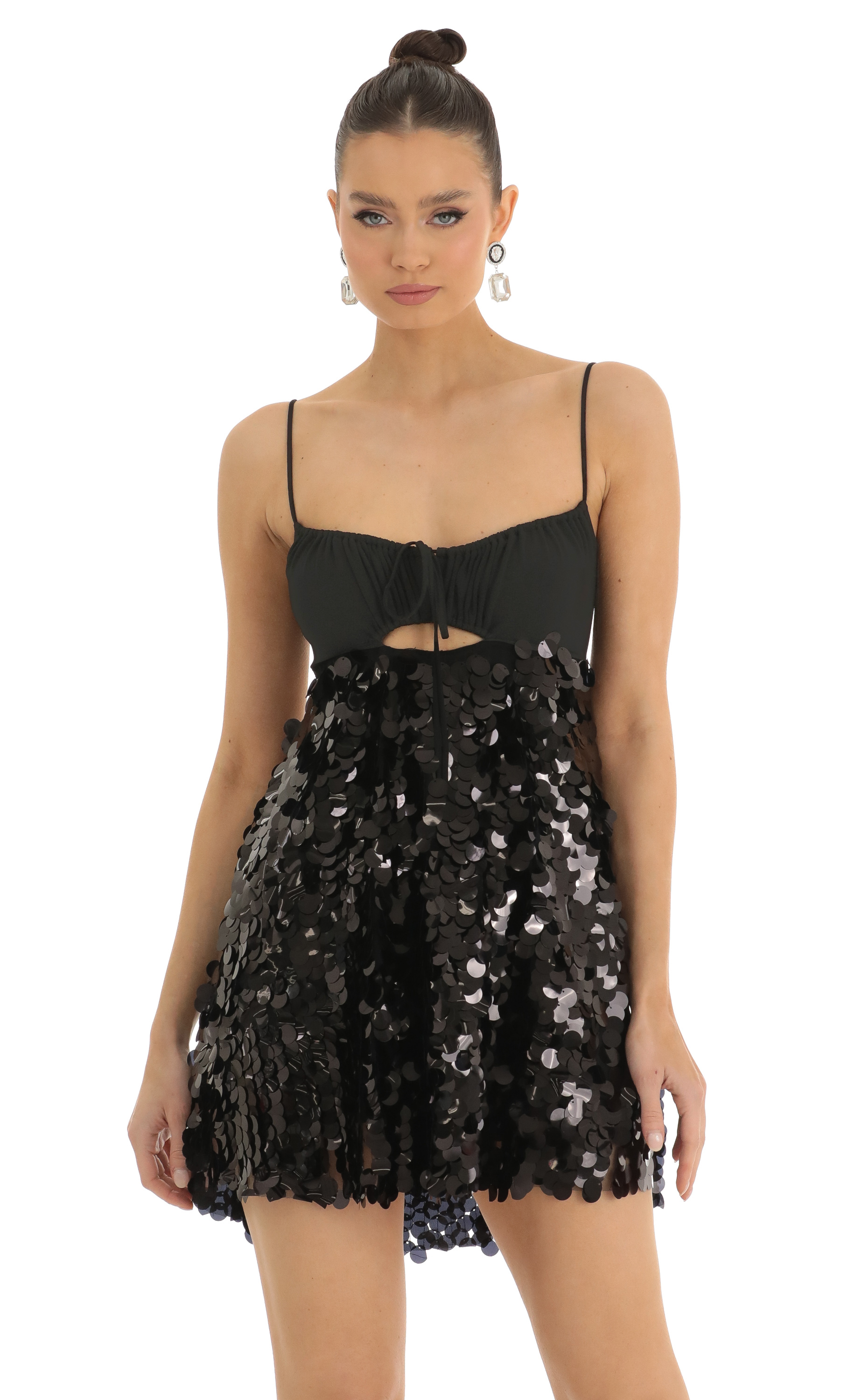 Big Sequin Keyhole Baby Doll Dress is Black