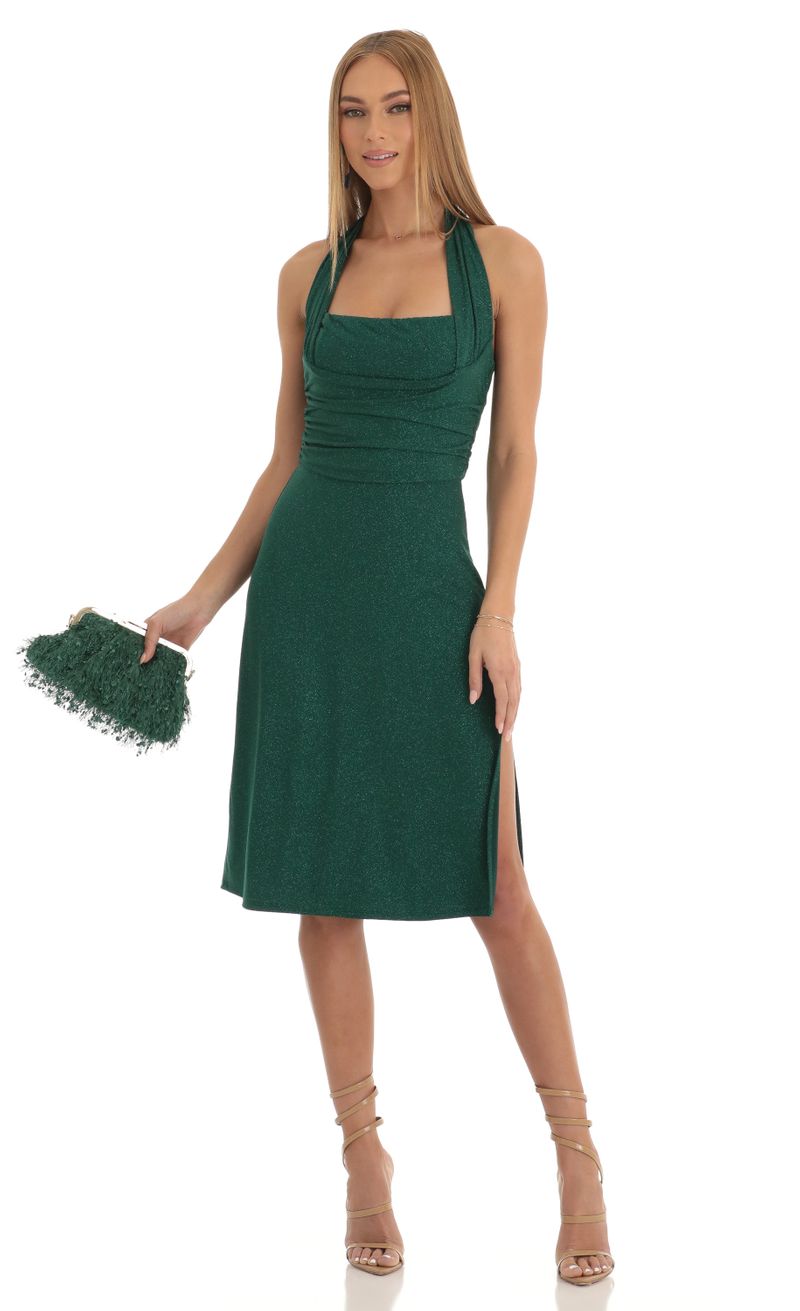 Celestina Shimmer Midi Dress in Green | LUCY IN THE SKY