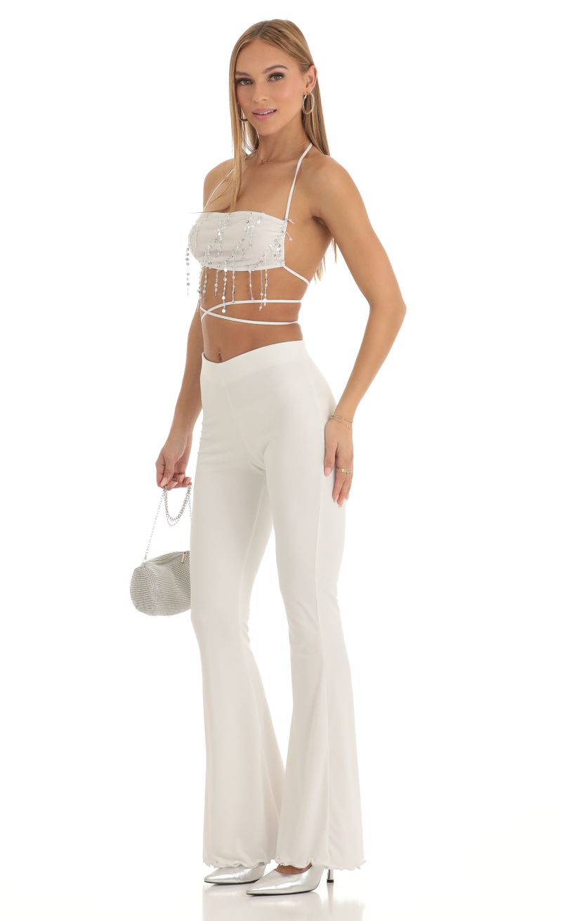 White Satin Fitted Flared Pants, Two Piece Sets