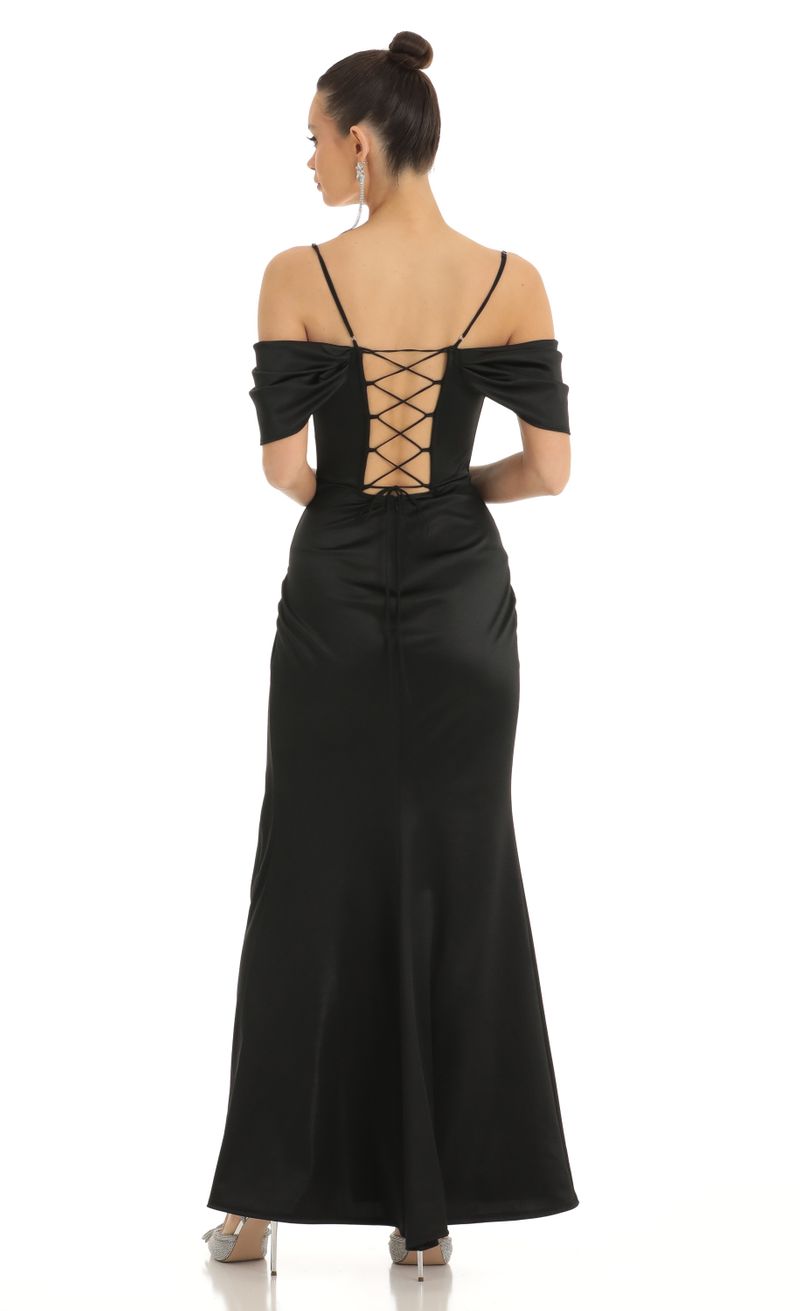 Eris Satin Cowl Off Shoulder Maxi Dress in Black