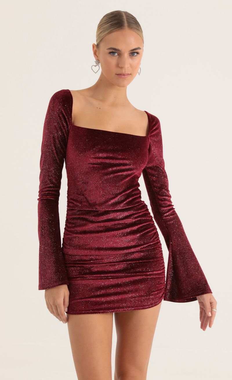 Glitter Velvet Bell Sleeve Dress in Red LUCY IN THE SKY