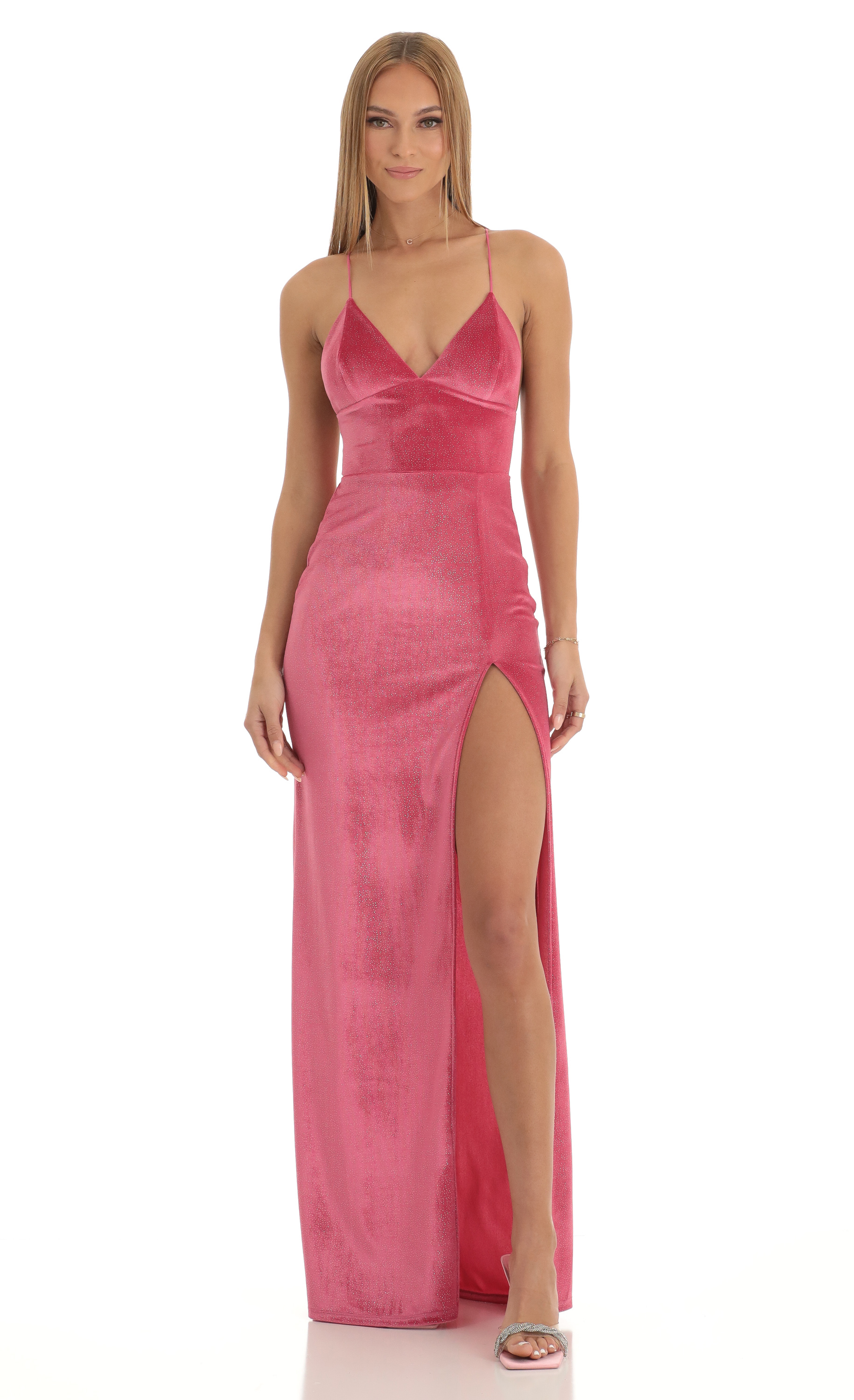 Velvet Glitter High Slit Maxi Dress in Hot Pink