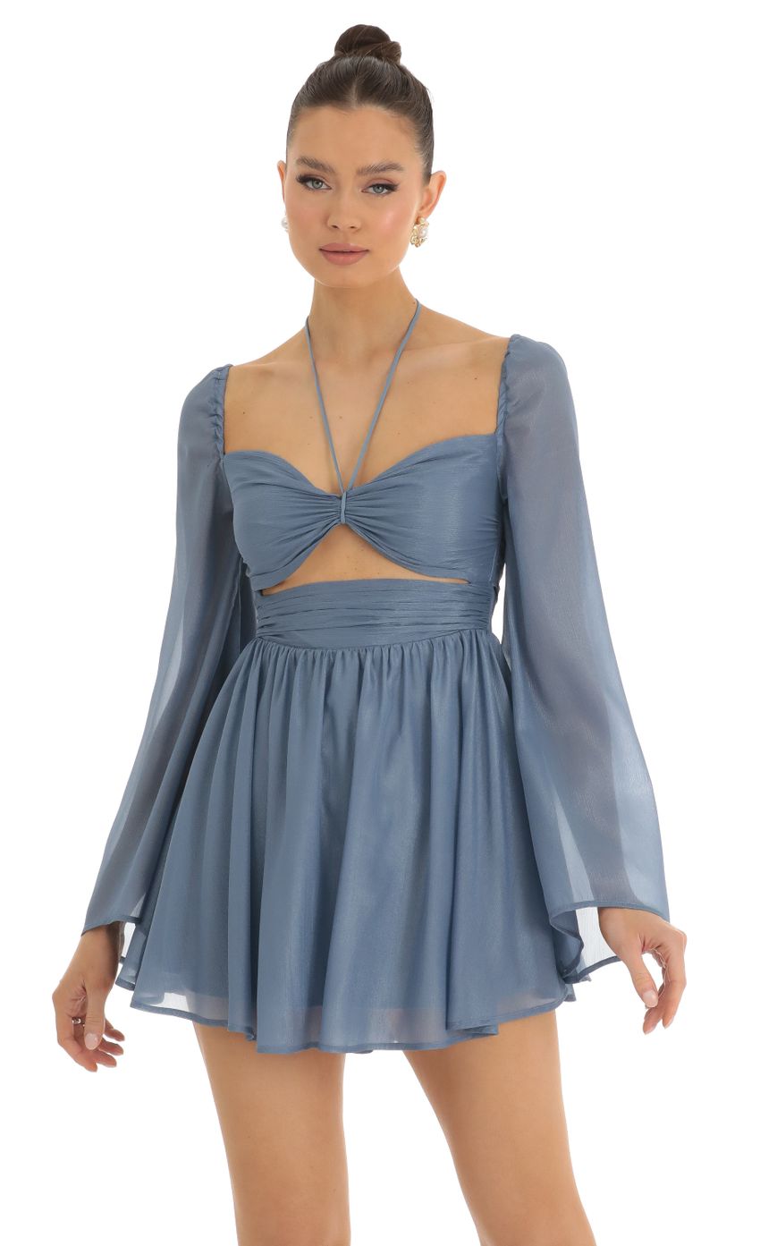 Picture Haleigh Flare Sleeve Halter Dress in Blue. Source: https://media-img.lucyinthesky.com/data/Jan23/850xAUTO/02f6a1a5-436a-49b7-a1b4-1df3dba6e53f.jpg