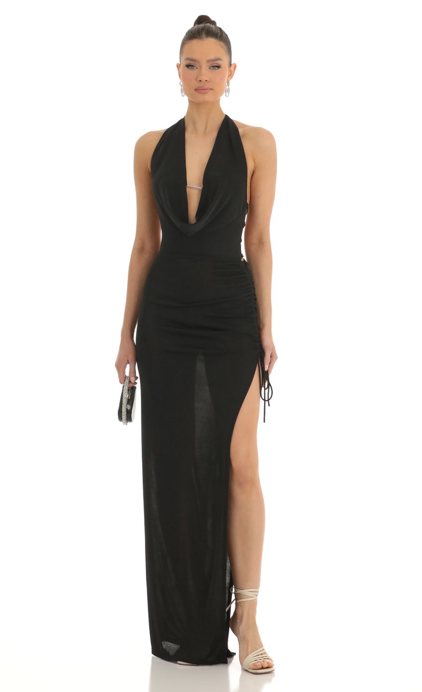 Picture Sherri Ruched Plunge Maxi Dress in Black. Source: https://media-img.lucyinthesky.com/data/Jan23/850xAUTO/0407a71b-68db-4674-9d2d-872ebe65a49f.jpg
