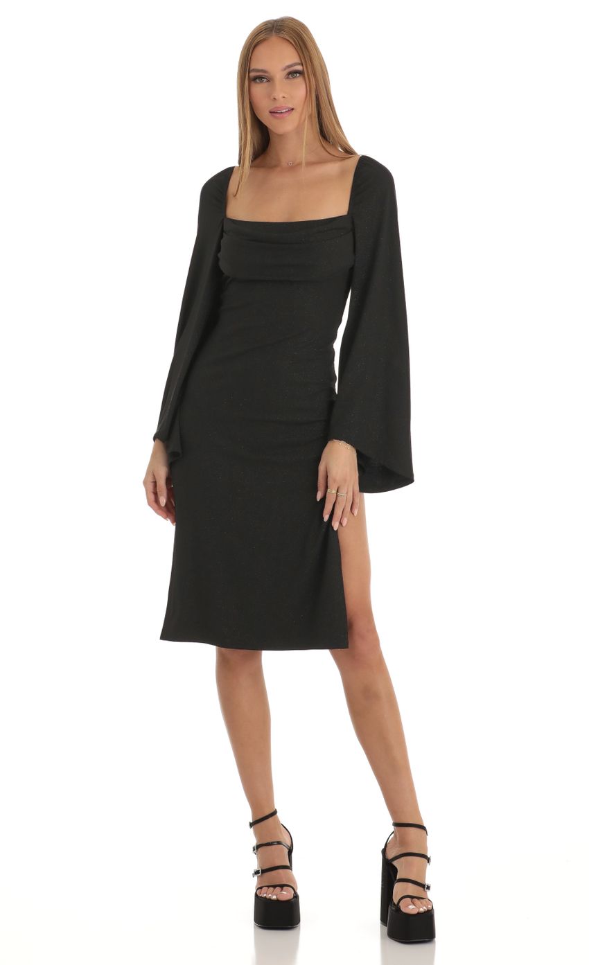 Picture Jazlyn Glitter Flare Sleeve Midi Dress in Black. Source: https://media-img.lucyinthesky.com/data/Jan23/850xAUTO/04176235-0daf-4b41-bd9b-0be2f87f936e.jpg