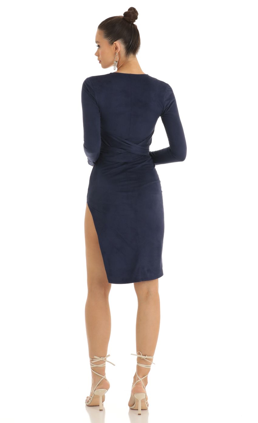 Picture Overa Suede Front Tie Midi Dress in Dark Blue. Source: https://media-img.lucyinthesky.com/data/Jan23/850xAUTO/0f96c10c-9521-4139-85d8-ae4cdddc7531.jpg