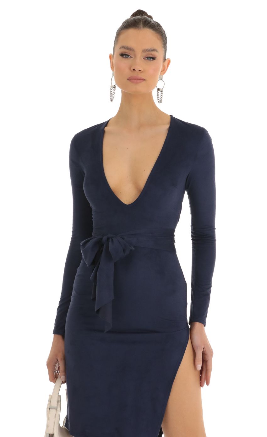 Picture Overa Suede Front Tie Midi Dress in Dark Blue. Source: https://media-img.lucyinthesky.com/data/Jan23/850xAUTO/190bfc03-498c-42ad-938e-463170e1f02a.jpg