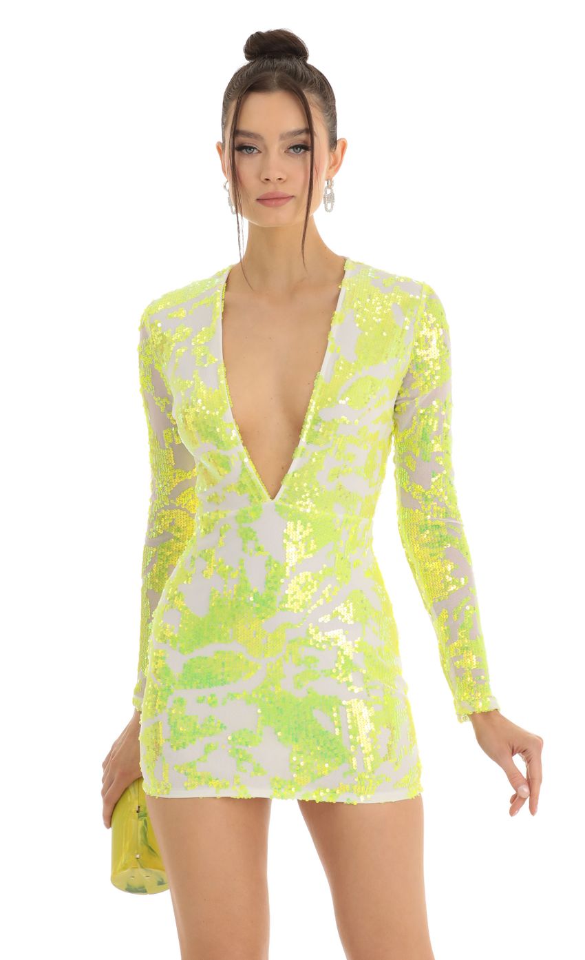 Picture Mesh Iridescent Sequin Plunge Dress in Neon Yellow. Source: https://media-img.lucyinthesky.com/data/Jan23/850xAUTO/1c5b6bf8-8634-487f-9cbe-18a888a4cac9.jpg