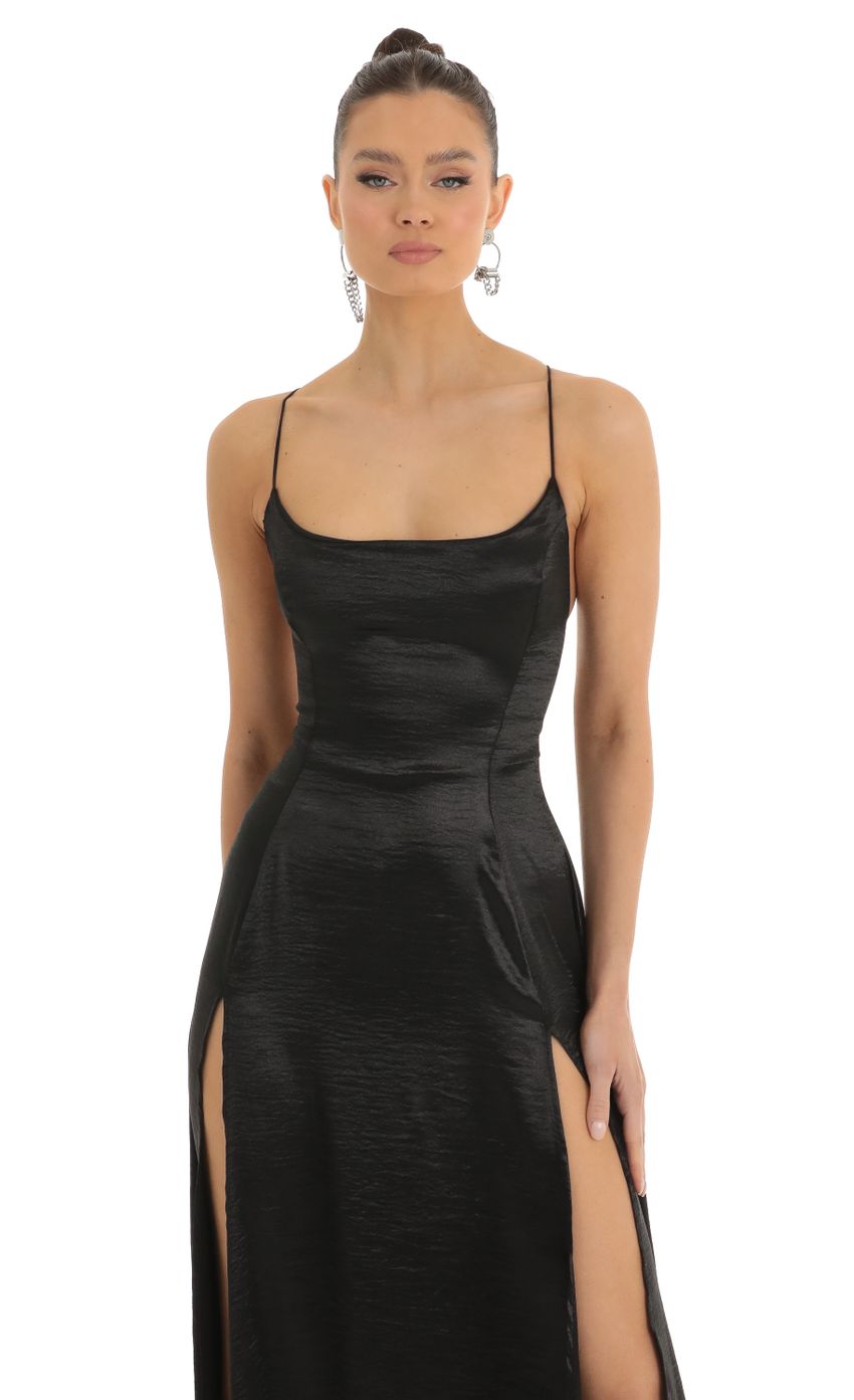 Picture Satin Slit Maxi Dress in Black. Source: https://media-img.lucyinthesky.com/data/Jan23/850xAUTO/1e350c9e-652e-468b-ab00-103899deaa00.jpg