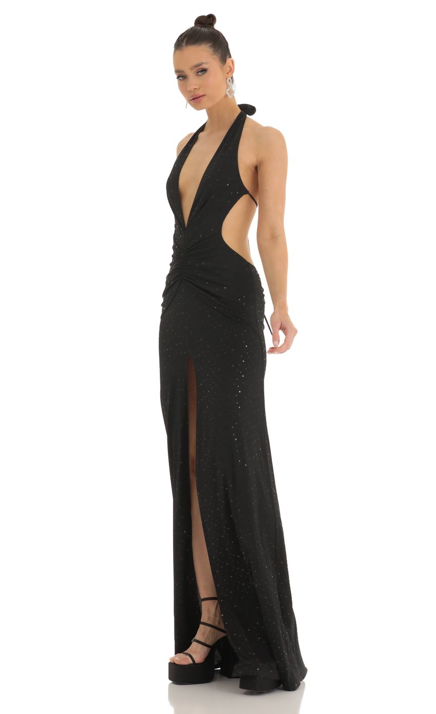 Picture Shimmer Front Slit Open Back Maxi Dress in Black. Source: https://media-img.lucyinthesky.com/data/Jan23/850xAUTO/202a56f2-84c1-436b-a229-1fcdad307f21.jpg