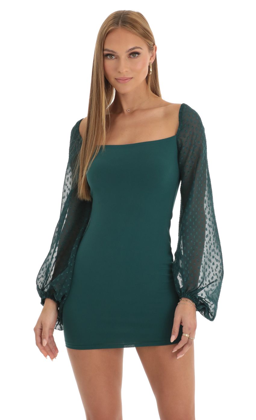Picture Dotted Long Sleeve Dress in Dark Green. Source: https://media-img.lucyinthesky.com/data/Jan23/850xAUTO/26bcd77d-3fda-45b3-8099-ad4fd5dfe9aa.jpg
