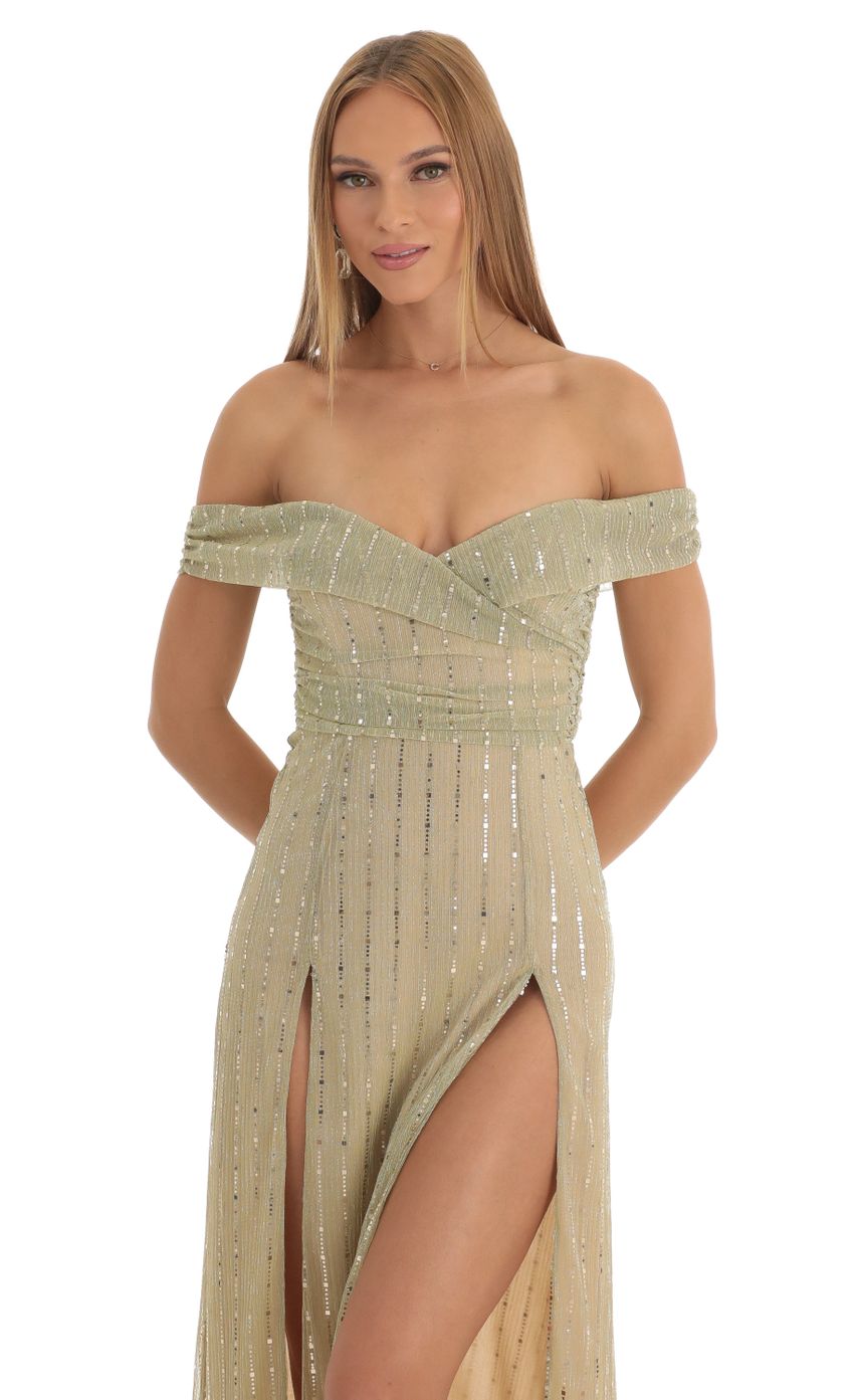 Picture Sequin Striped Off The Shoulder Maxi Dress in Gold. Source: https://media-img.lucyinthesky.com/data/Jan23/850xAUTO/33178603-1a9d-4c26-b8b9-db62858da23e.jpg