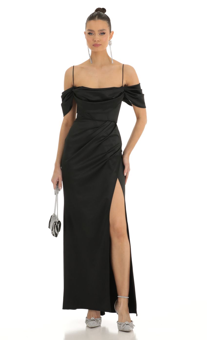 Picture Satin Cowl Off Shoulder Maxi Dress in Black. Source: https://media-img.lucyinthesky.com/data/Jan23/850xAUTO/33317e83-b858-4b22-8173-02e0e7166299.jpg