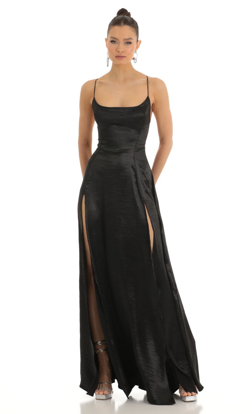 Picture Satin Slit Maxi Dress in Black. Source: https://media-img.lucyinthesky.com/data/Jan23/850xAUTO/3b5d65f4-38cb-48b9-a96a-a2d9aa652152.jpg