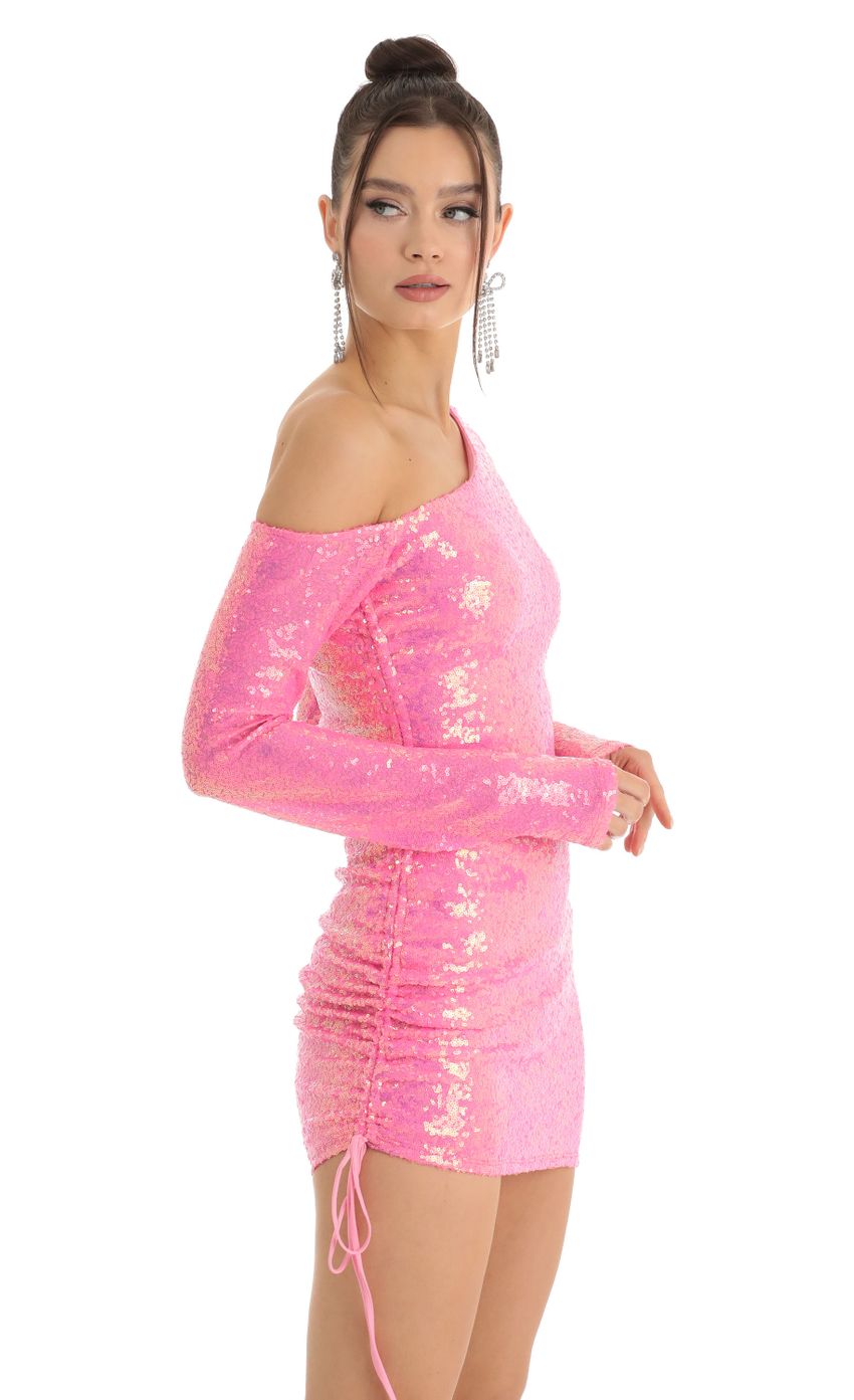 Picture Sequin One Shoulder Dress in Pink. Source: https://media-img.lucyinthesky.com/data/Jan23/850xAUTO/4af16cac-260c-4aac-924a-d2a915965ed8.jpg