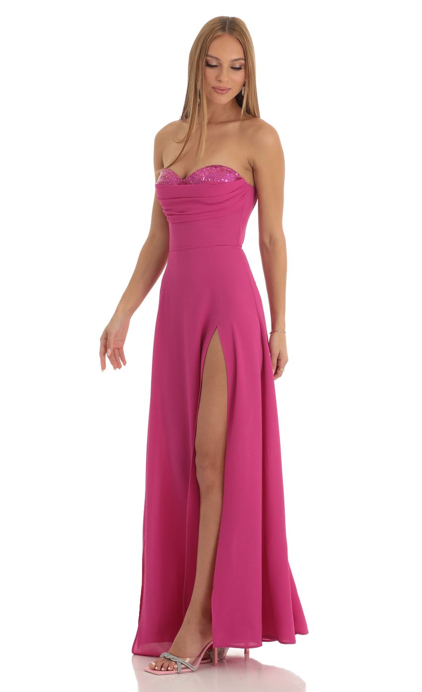 Picture Sequin Bust Crepe Maxi Dress in Hot Pink. Source: https://media-img.lucyinthesky.com/data/Jan23/850xAUTO/5297b160-6239-4cdf-aaca-07bdb2a8ce33.jpg