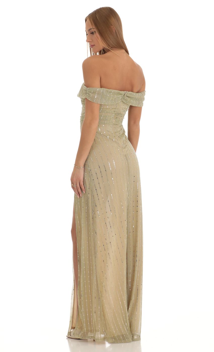 Picture Sequin Striped Off The Shoulder Maxi Dress in Gold. Source: https://media-img.lucyinthesky.com/data/Jan23/850xAUTO/53d38ffe-bbca-4719-8857-1cfc1bb98ad8.jpg