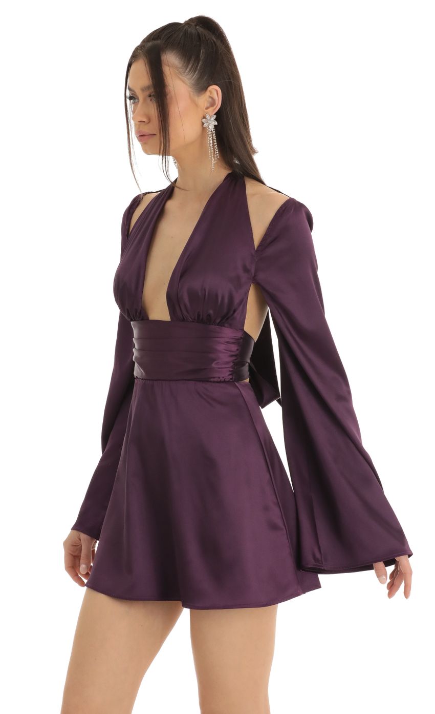Picture Satin Cold Shoulder Plunge Dress in Purple. Source: https://media-img.lucyinthesky.com/data/Jan23/850xAUTO/5442f798-78d0-4912-b413-2a7f3eca73c2.jpg