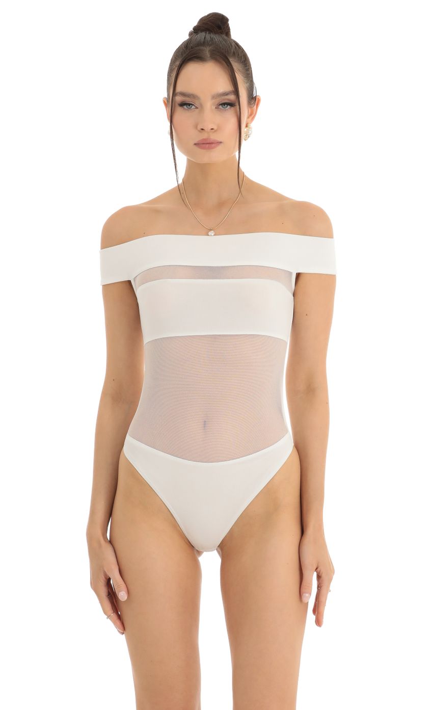Picture Off Shoulder Mesh Cut Out Bodysuit in White. Source: https://media-img.lucyinthesky.com/data/Jan23/850xAUTO/65ad6b59-6dc0-47fc-86e6-8b564c73176e.jpg