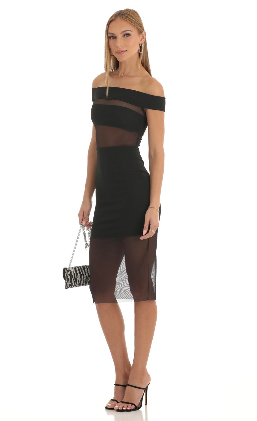 Picture Mesh Illusion Off Shoulder Midi in Black. Source: https://media-img.lucyinthesky.com/data/Jan23/850xAUTO/66d8c907-919f-40a5-839a-d906c9651086.jpg