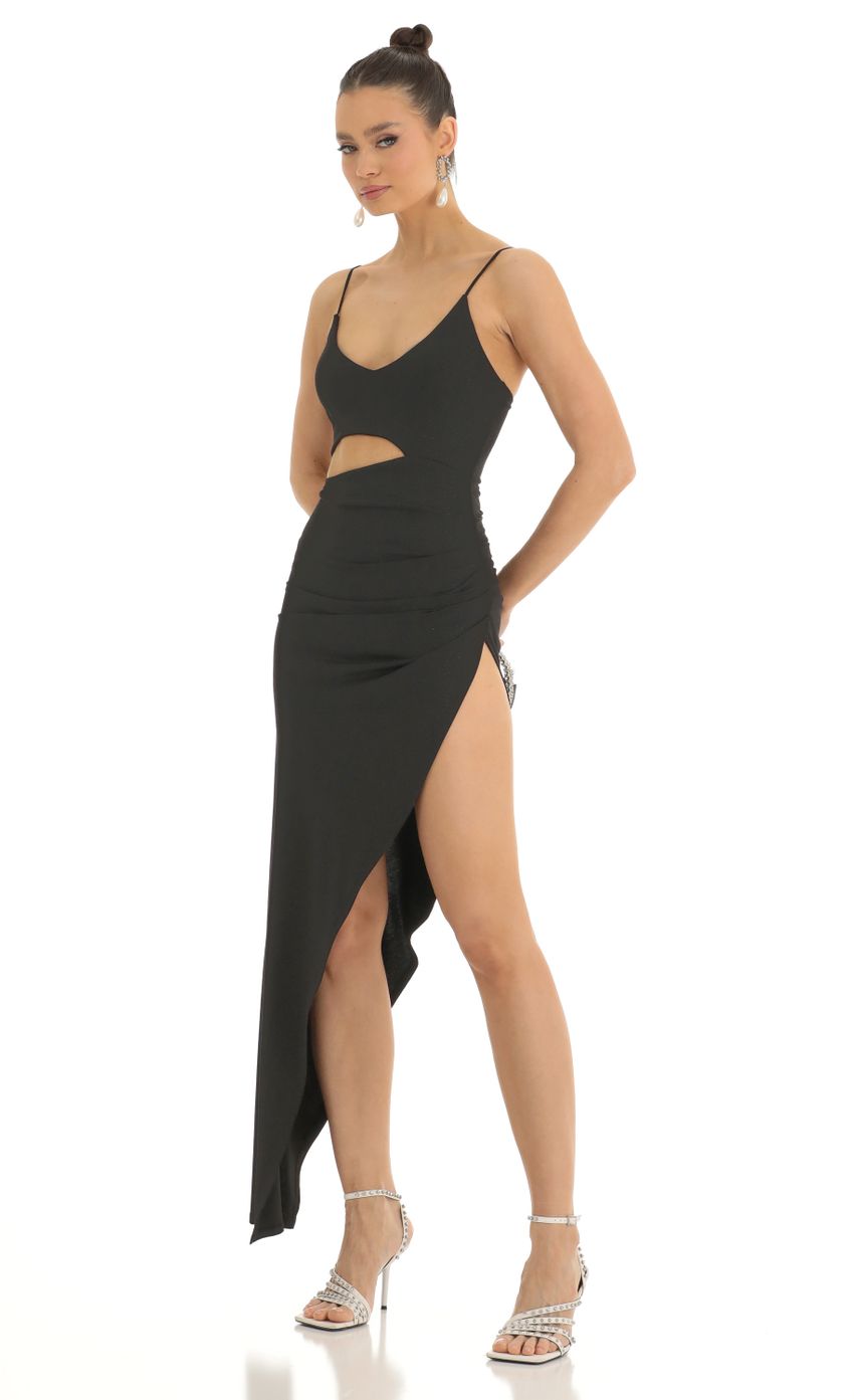 Picture Glitter Cutout High Slit Maxi Dress in Black. Source: https://media-img.lucyinthesky.com/data/Jan23/850xAUTO/6e31b025-c462-458e-a6a0-14750ece2712.jpg