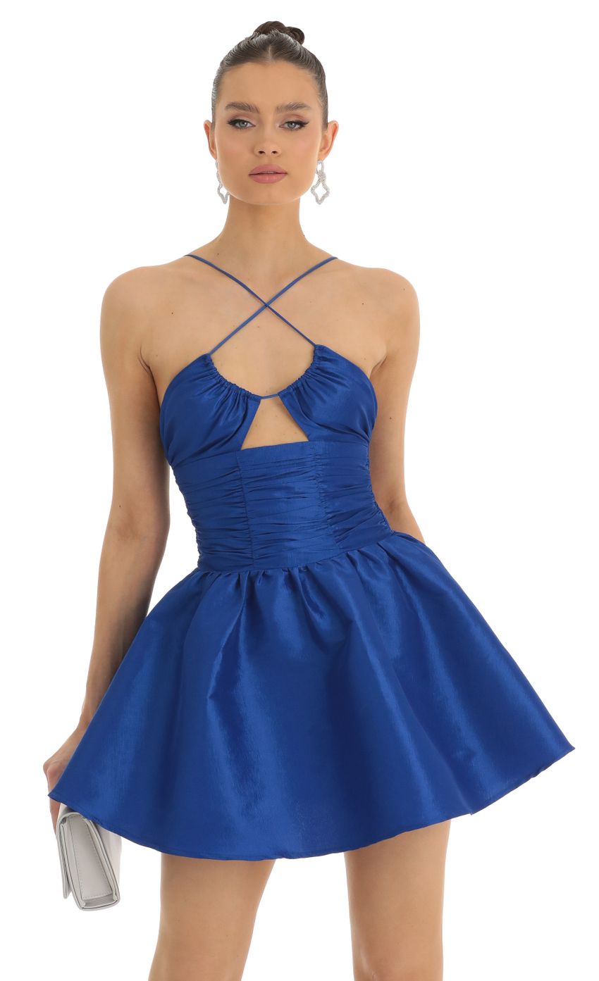 Picture Satin Ruched Front Cross Dress in Blue. Source: https://media-img.lucyinthesky.com/data/Jan23/850xAUTO/716b28e6-735d-4573-b193-8a2fda02bd29.jpg