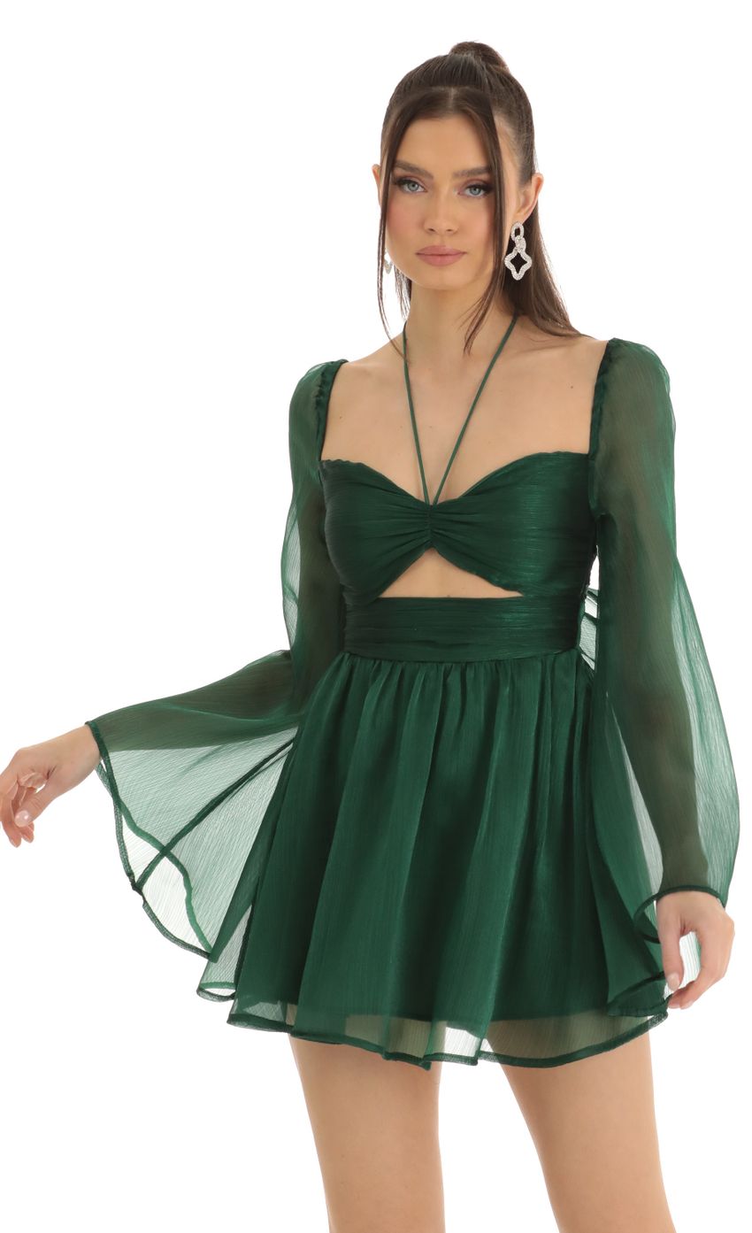 Picture Flare Sleeve Halter Dress in Green. Source: https://media-img.lucyinthesky.com/data/Jan23/850xAUTO/71d85f93-f1e9-4f4f-9f9a-ab54ec3c77c6.jpg