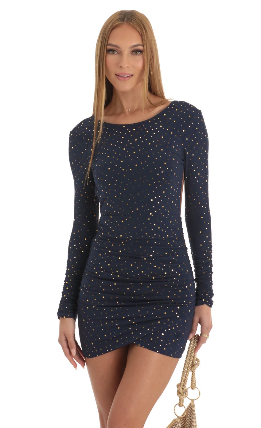 Picture Josie Gold Foil Open Back Dress in Navy. Source: https://media-img.lucyinthesky.com/data/Jan23/850xAUTO/76ab3900-1a6b-476a-9f0c-a1dc538c332c.jpg