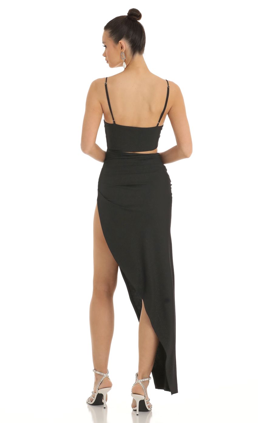 Picture Glitter Cutout High Slit Maxi Dress in Black. Source: https://media-img.lucyinthesky.com/data/Jan23/850xAUTO/7ad2f107-e5f1-47f1-944c-c2187aea829d.jpg