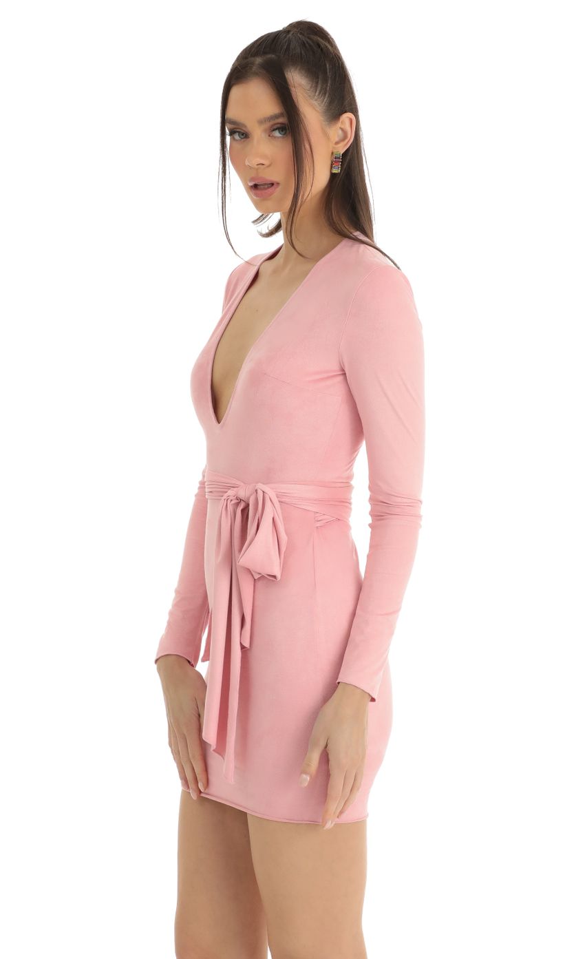 Picture Suede V-Neck Dress in Pink. Source: https://media-img.lucyinthesky.com/data/Jan23/850xAUTO/7ae2ccb6-bc96-4961-95c8-d3fc0181bb7f.jpg