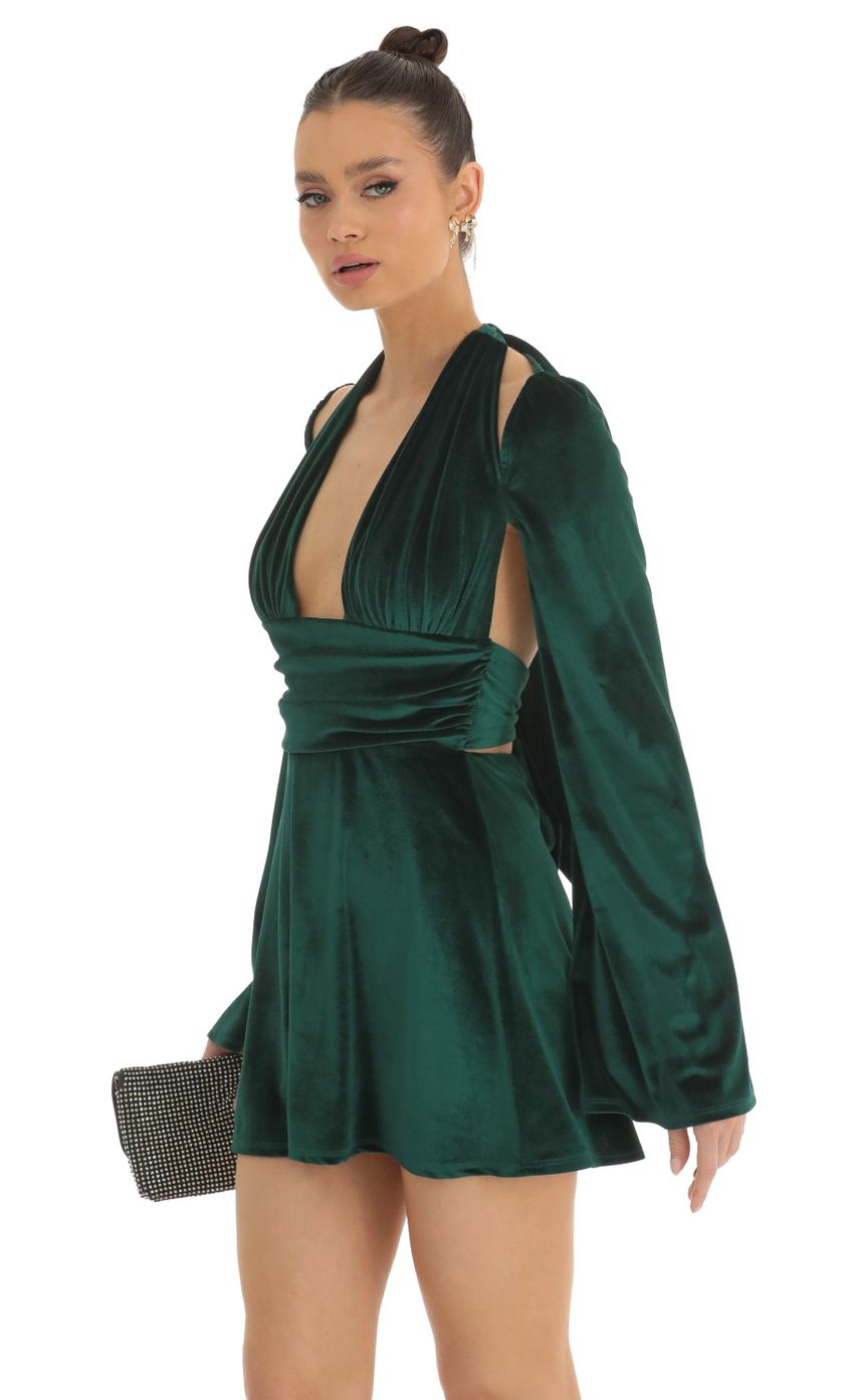 Picture Velvet Cold Shoulder Plunge Dress in Dark Green. Source: https://media-img.lucyinthesky.com/data/Jan23/850xAUTO/7e4039ef-d848-4740-abac-2cacd6d797be.jpg