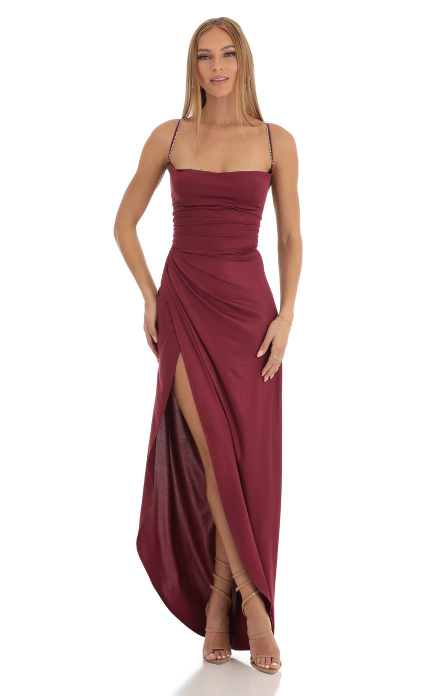Picture Shimmer Asymmetrical Maxi Dress in Red. Source: https://media-img.lucyinthesky.com/data/Jan23/850xAUTO/7f645361-6a43-43de-80cb-98d6de36fadd.jpg