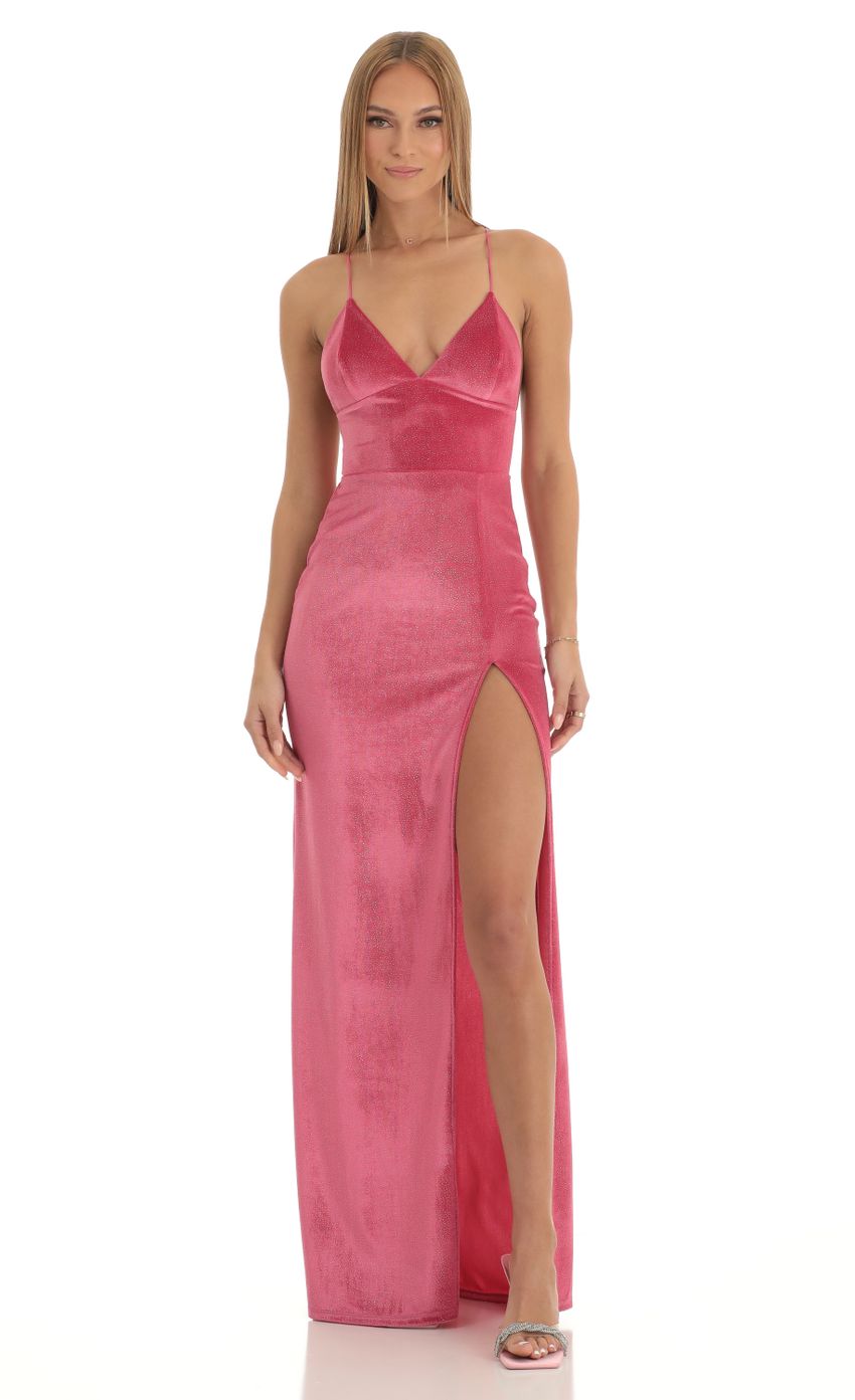 Picture Velvet Glitter High Slit Maxi Dress in Hot Pink. Source: https://media-img.lucyinthesky.com/data/Jan23/850xAUTO/846f23d7-2ff8-4b9b-bba3-3920b3982bed.jpg