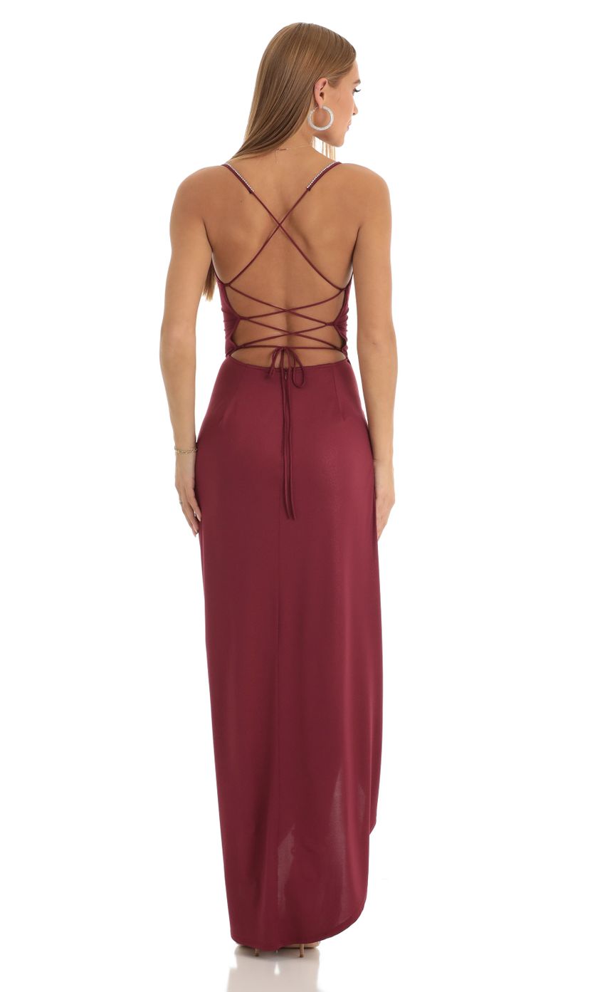 Picture Shimmer Asymmetrical Maxi Dress in Red. Source: https://media-img.lucyinthesky.com/data/Jan23/850xAUTO/85864373-7fdf-4730-8ae3-9ef434118f10.jpg