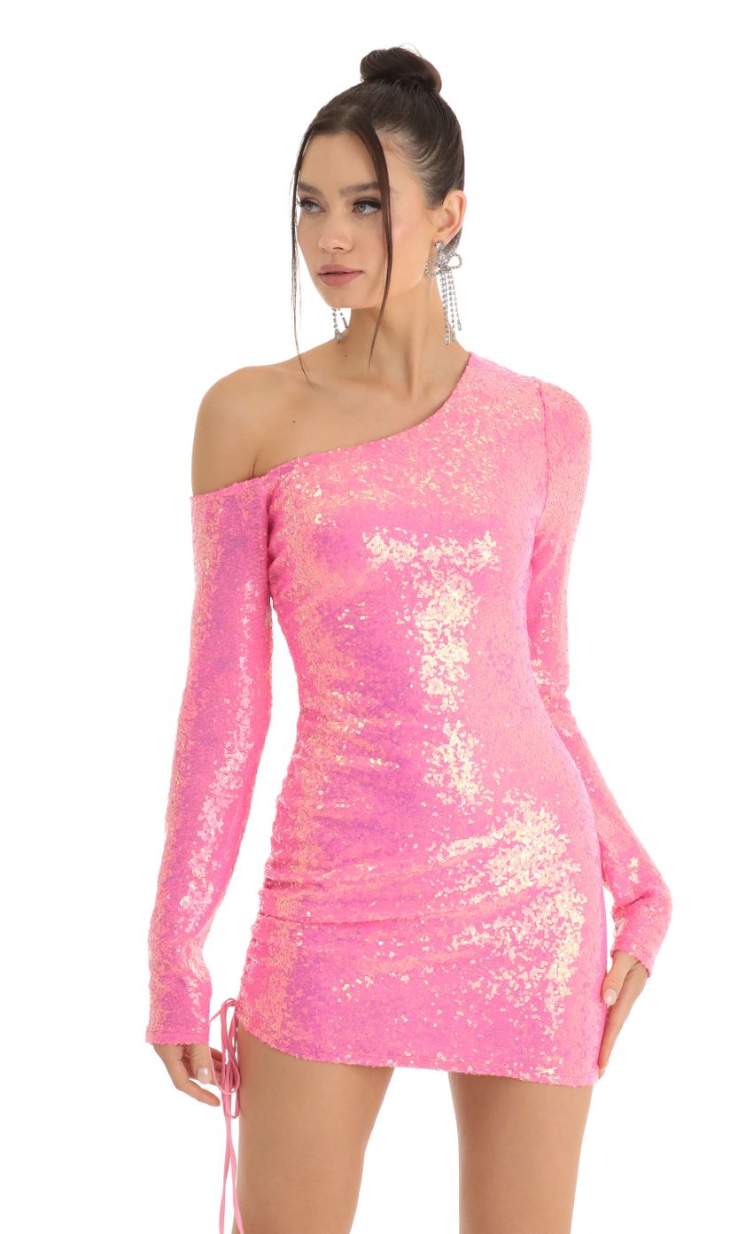 Picture Sequin One Shoulder Dress in Pink. Source: https://media-img.lucyinthesky.com/data/Jan23/850xAUTO/90e1fb00-a900-4bde-b6df-5eb7824c0805.jpg
