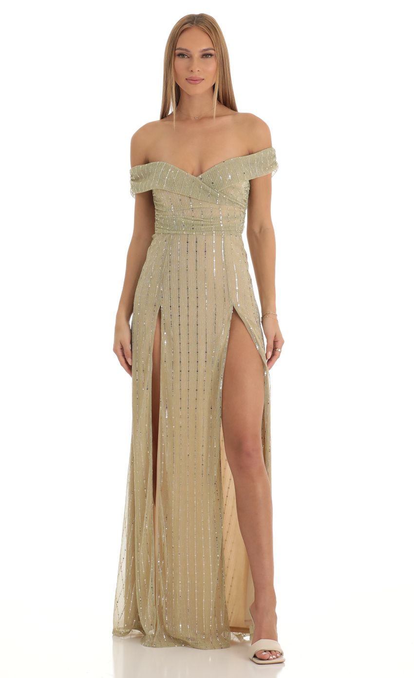 Picture Sequin Striped Off The Shoulder Maxi Dress in Gold. Source: https://media-img.lucyinthesky.com/data/Jan23/850xAUTO/a2efa020-3ae9-4cd5-b793-82f8d2e9ee88.jpg