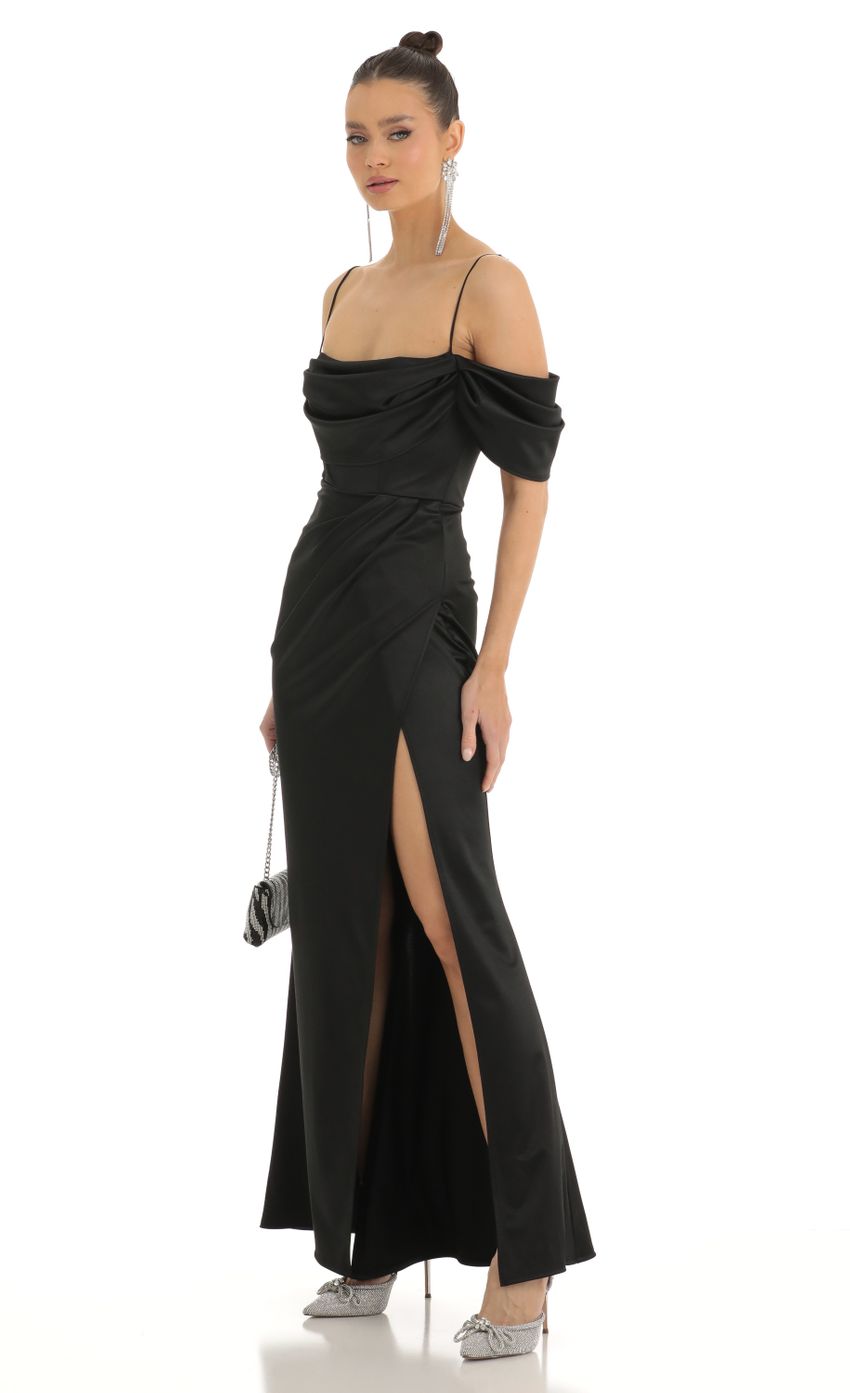 Picture Satin Cowl Off Shoulder Maxi Dress in Black. Source: https://media-img.lucyinthesky.com/data/Jan23/850xAUTO/b41f4ac7-b209-4175-add0-a0a625bb45aa.jpg