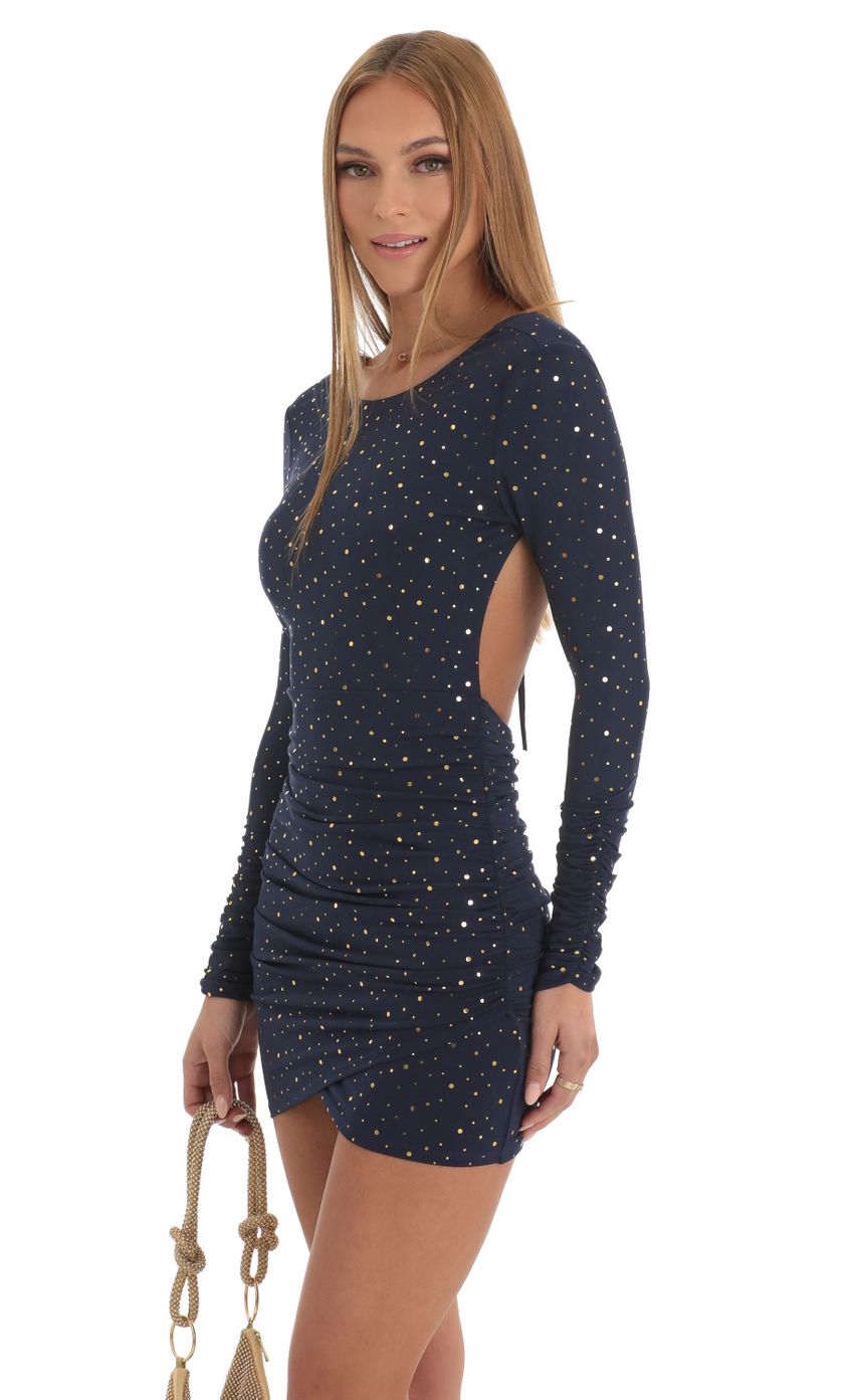 Picture Josie Gold Foil Open Back Dress in Navy. Source: https://media-img.lucyinthesky.com/data/Jan23/850xAUTO/b9852db8-3af2-436c-9c82-3303e2ed4e73.jpg