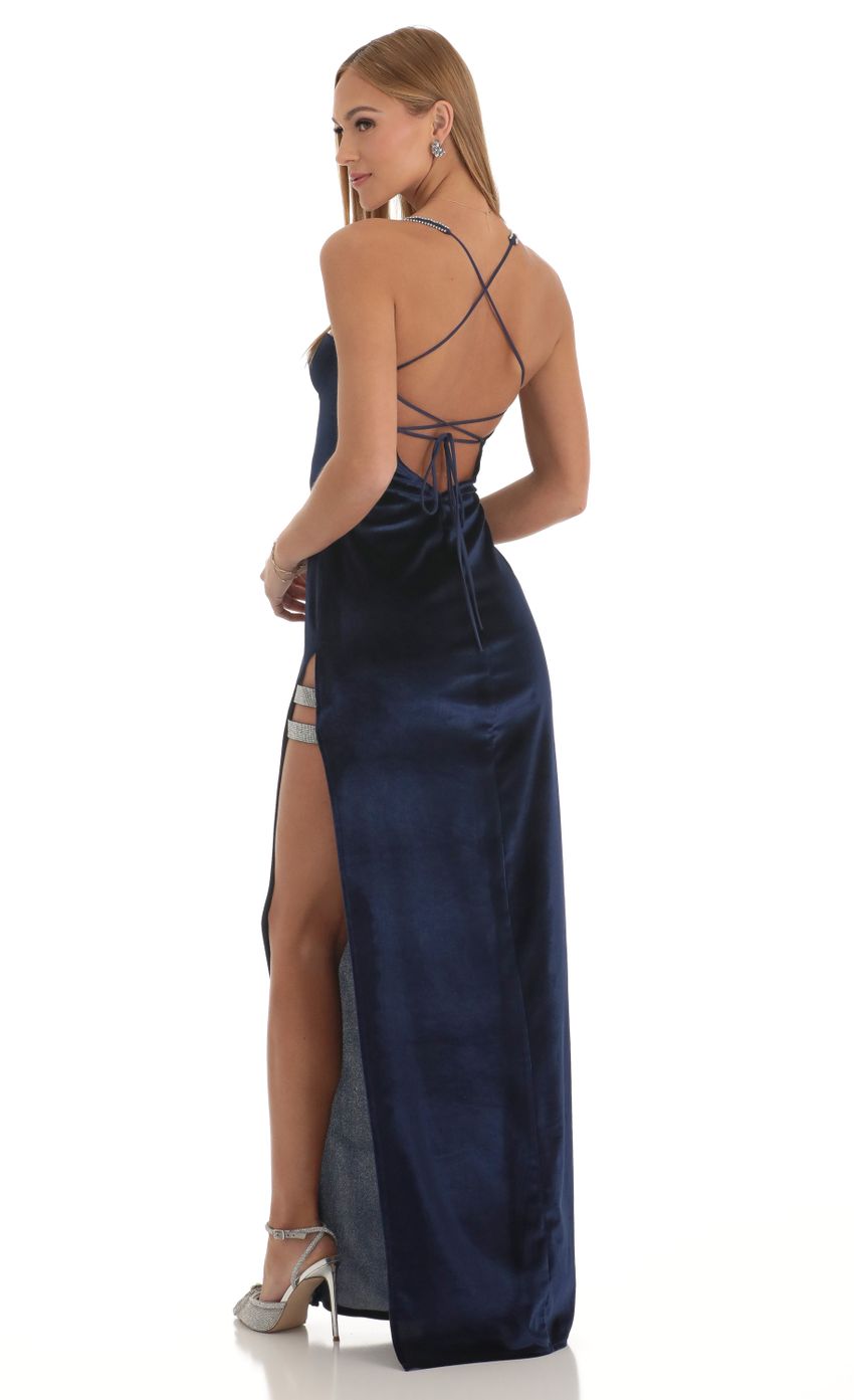 Picture Velvet Rhinestone Slit Maxi Dress in Dark Blue. Source: https://media-img.lucyinthesky.com/data/Jan23/850xAUTO/bb6bd5fc-5e57-4130-8315-0fe4056acc24.jpg