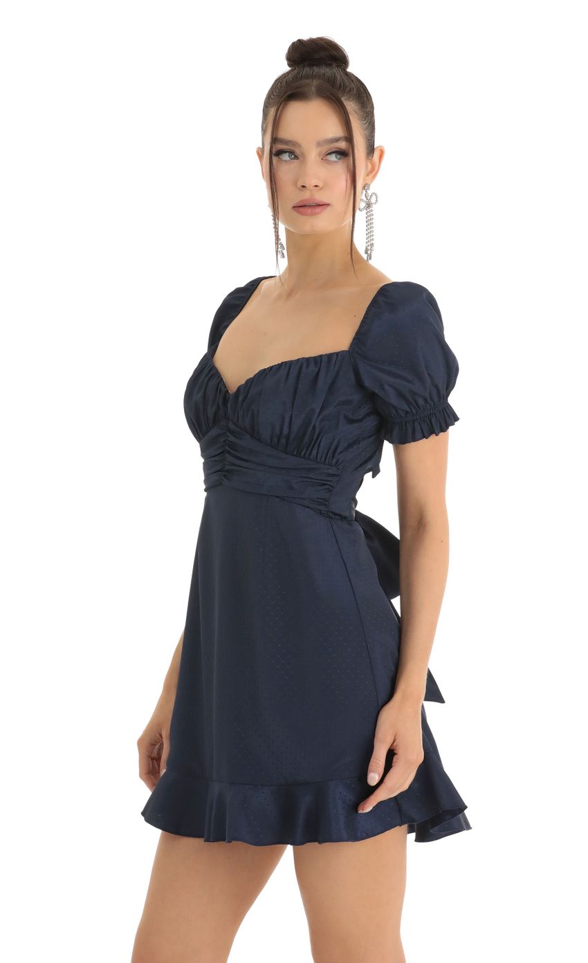 Picture Satin Fit and Flare Puff Sleeve Dress in Blue. Source: https://media-img.lucyinthesky.com/data/Jan23/850xAUTO/c636bdb7-f278-490b-af6a-cb78c76d08fc.jpg