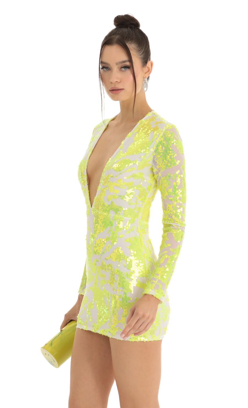 Picture Mesh Iridescent Sequin Plunge Dress in Neon Yellow. Source: https://media-img.lucyinthesky.com/data/Jan23/850xAUTO/d3e83e5f-af13-4260-b1af-4158f7d2e40a.jpg