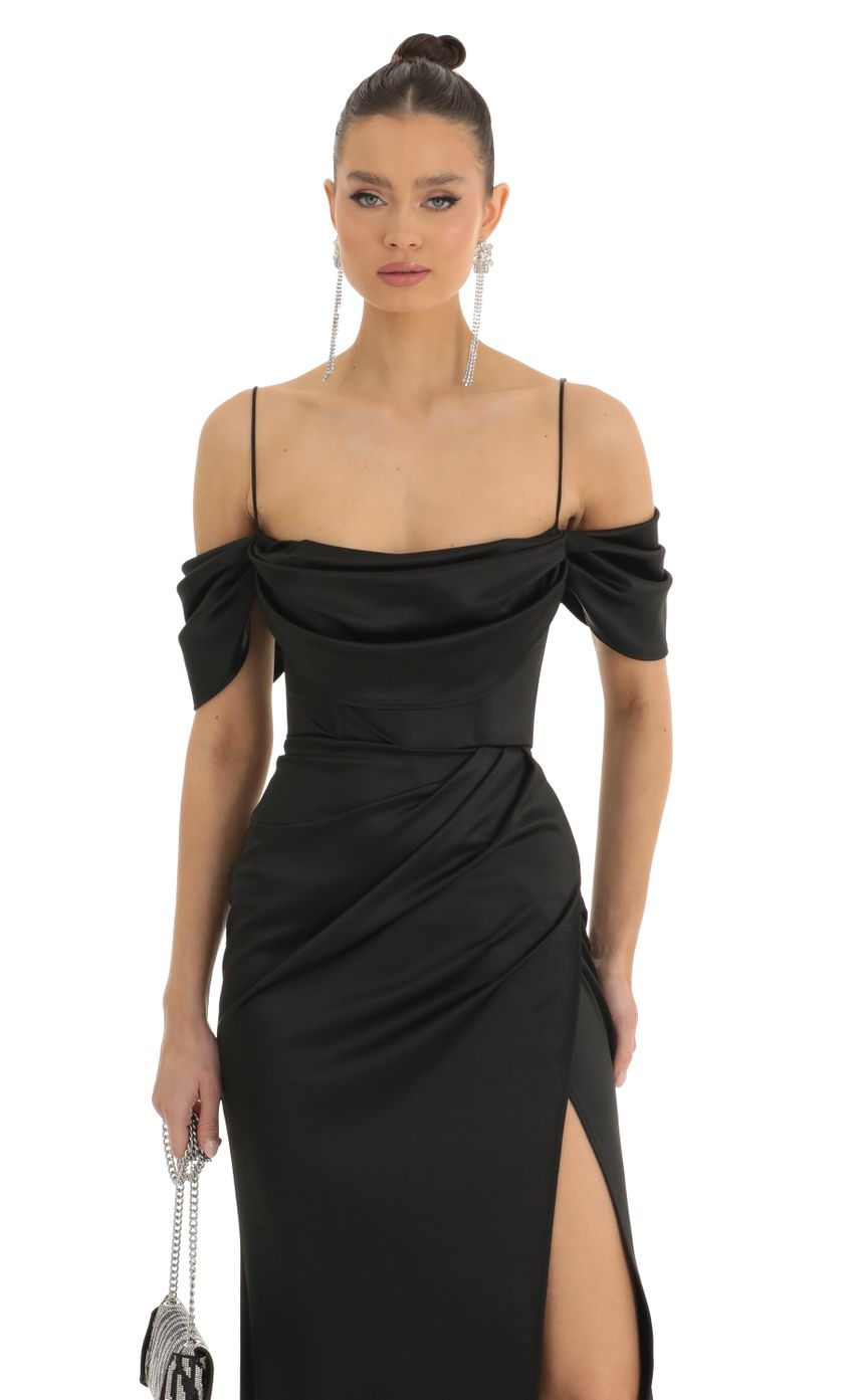 Picture Satin Cowl Off Shoulder Maxi Dress in Black. Source: https://media-img.lucyinthesky.com/data/Jan23/850xAUTO/d46612d3-f331-4ed3-a855-1f6b46ae649a.jpg