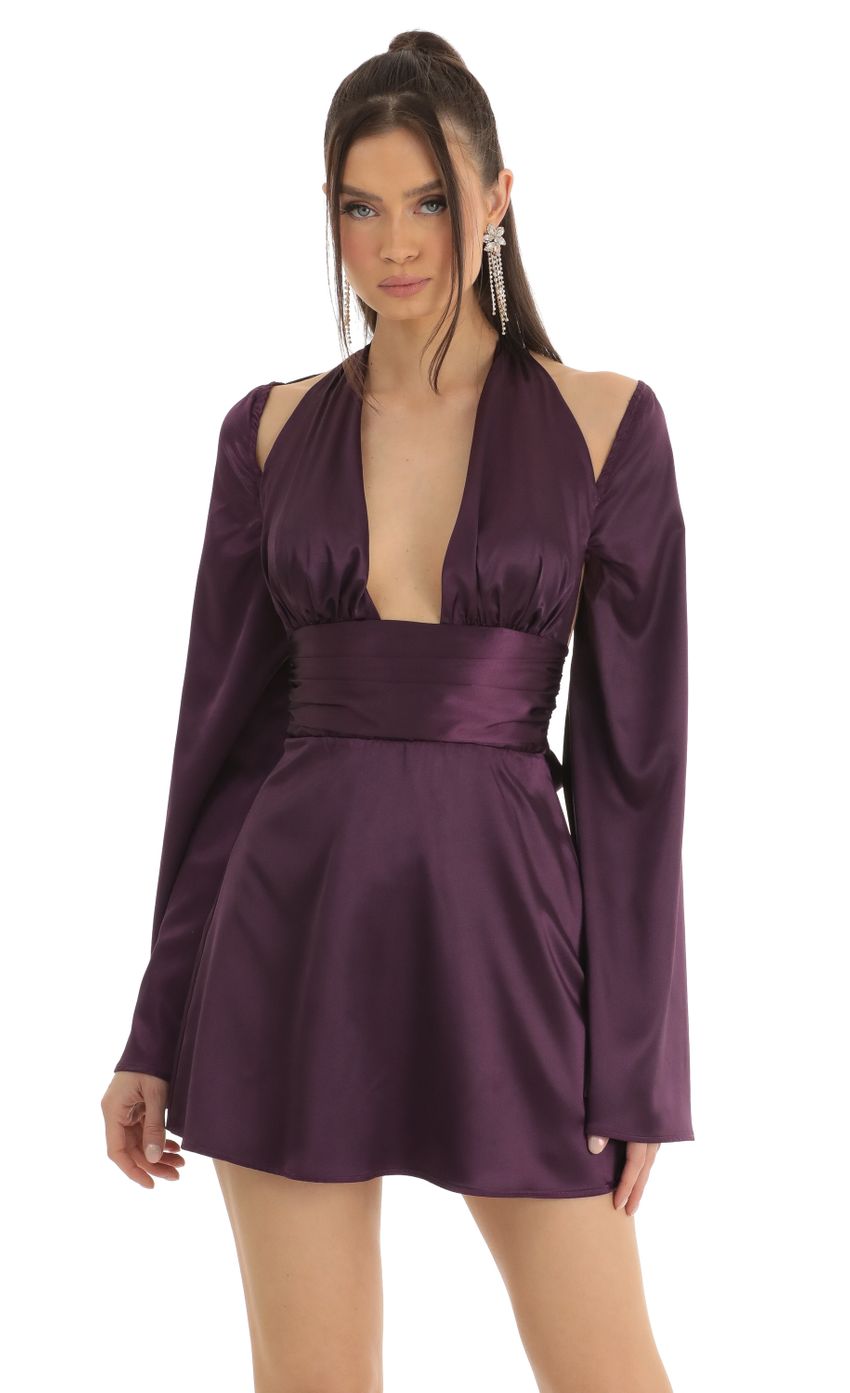 Picture Satin Cold Shoulder Plunge Dress in Purple. Source: https://media-img.lucyinthesky.com/data/Jan23/850xAUTO/d538f31f-e4d4-4214-99a5-a3a3d108dd4b.jpg