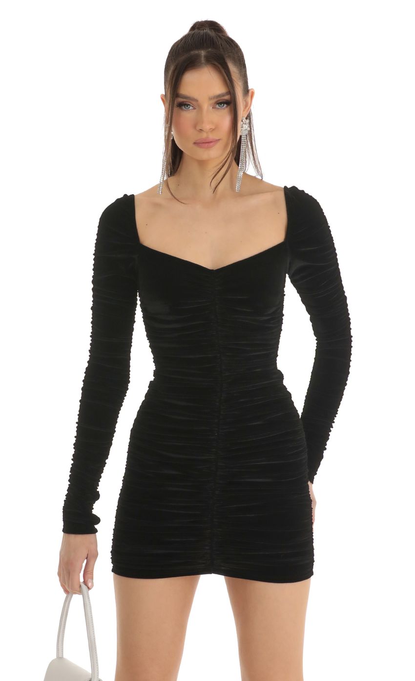 Picture Ruched Velvet Bodycon Dress in Black. Source: https://media-img.lucyinthesky.com/data/Jan23/850xAUTO/d5ac2d55-3021-4887-b4d8-a497e6887936.jpg