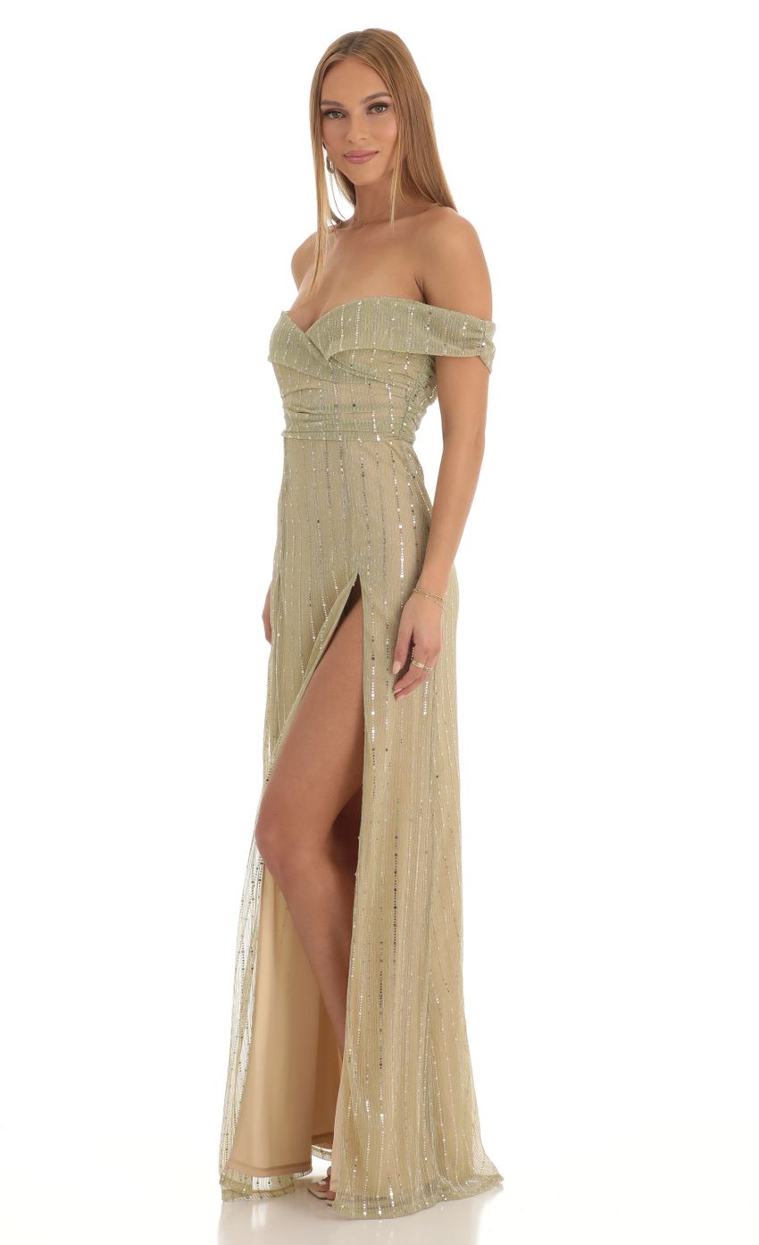 Picture Sequin Striped Off The Shoulder Maxi Dress in Gold. Source: https://media-img.lucyinthesky.com/data/Jan23/850xAUTO/dda2be3d-4948-4cd2-b3a3-623eca4179d0.jpg