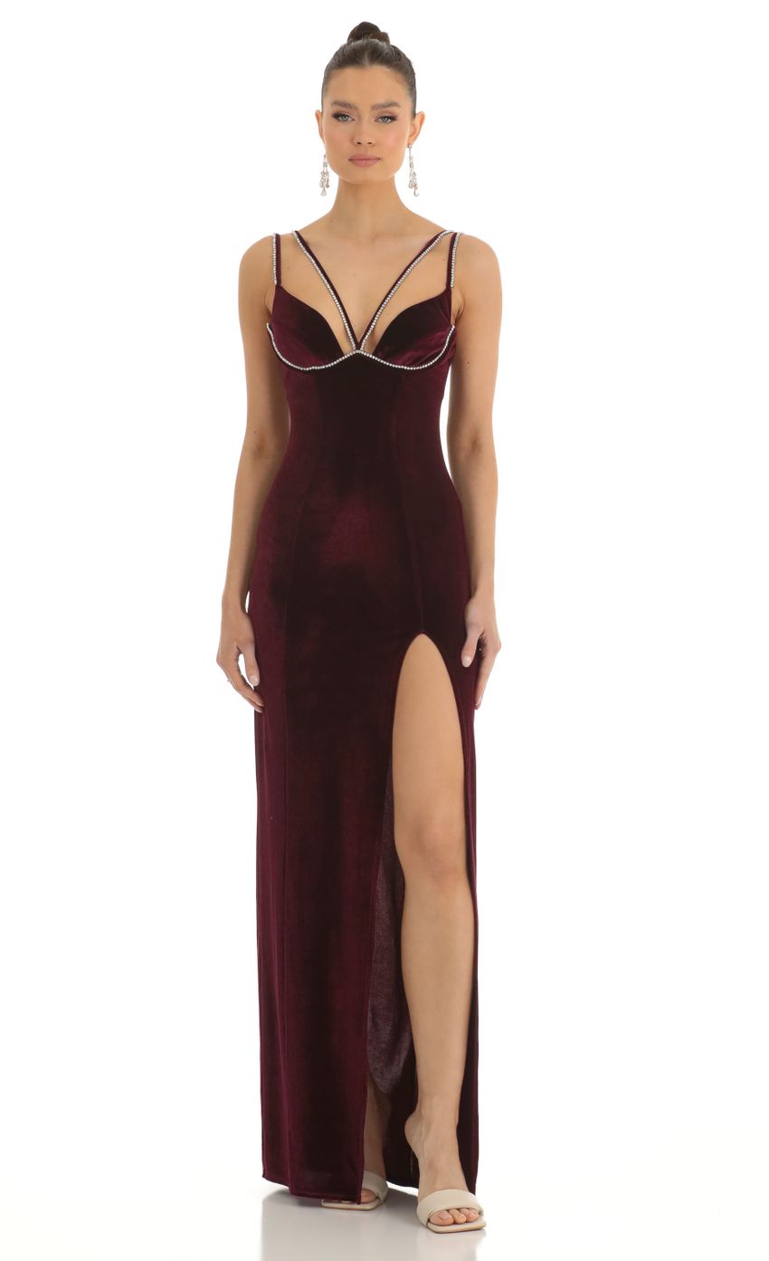Picture Rhinestone Bust Velvet Maxi Dress in Dark Red. Source: https://media-img.lucyinthesky.com/data/Jan23/850xAUTO/e1a14139-d183-4313-b8ec-00bd2de4d650.jpg