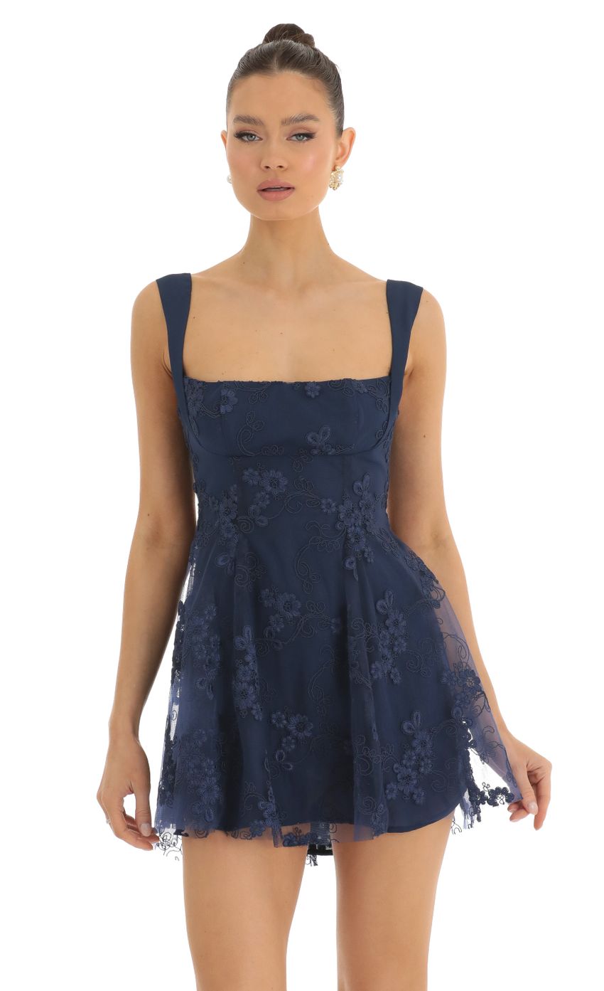 Picture Floral Mesh Dress in Dark Blue. Source: https://media-img.lucyinthesky.com/data/Jan23/850xAUTO/e1b0ad2e-8d85-4894-854c-d95cd87069df.jpg